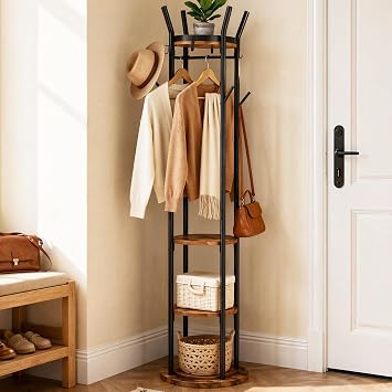 HOMEFORT コートラック 自立型 メタルコートスタンド 棚付き Rusitc Brown