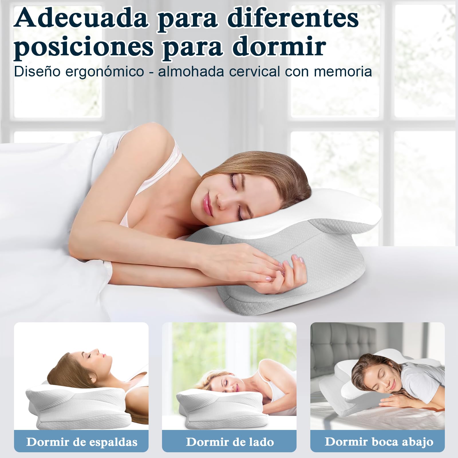 PHYSEN Almohada Cervical Ergonómica para Cuello, Almohada de Espuma Viscoelástica, Almohada Ortopédica para Dormir de Lado, Boca Arriba o Boca Abajo, 62x41x13cm