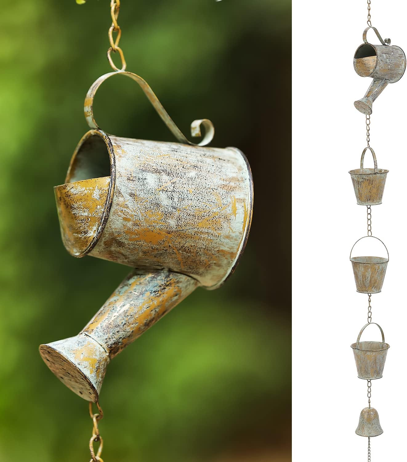 Jemeni 47" Outdoor Rain Chime & Garden Rain Bell Chime - Decorative Hanging Metal Watering Can with Buckets, Rustic Farmhouse Patio, Pergola & Backyard Decor