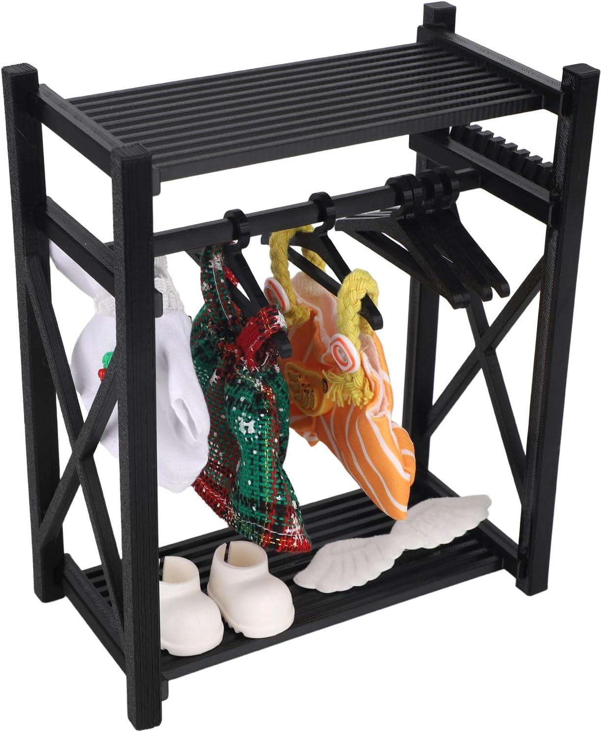 Sinbana Doll Closet Wardrobe Black: Detachable Plastic Organizer with 10 Mini Hangers for Doll Clothes Storage & Display