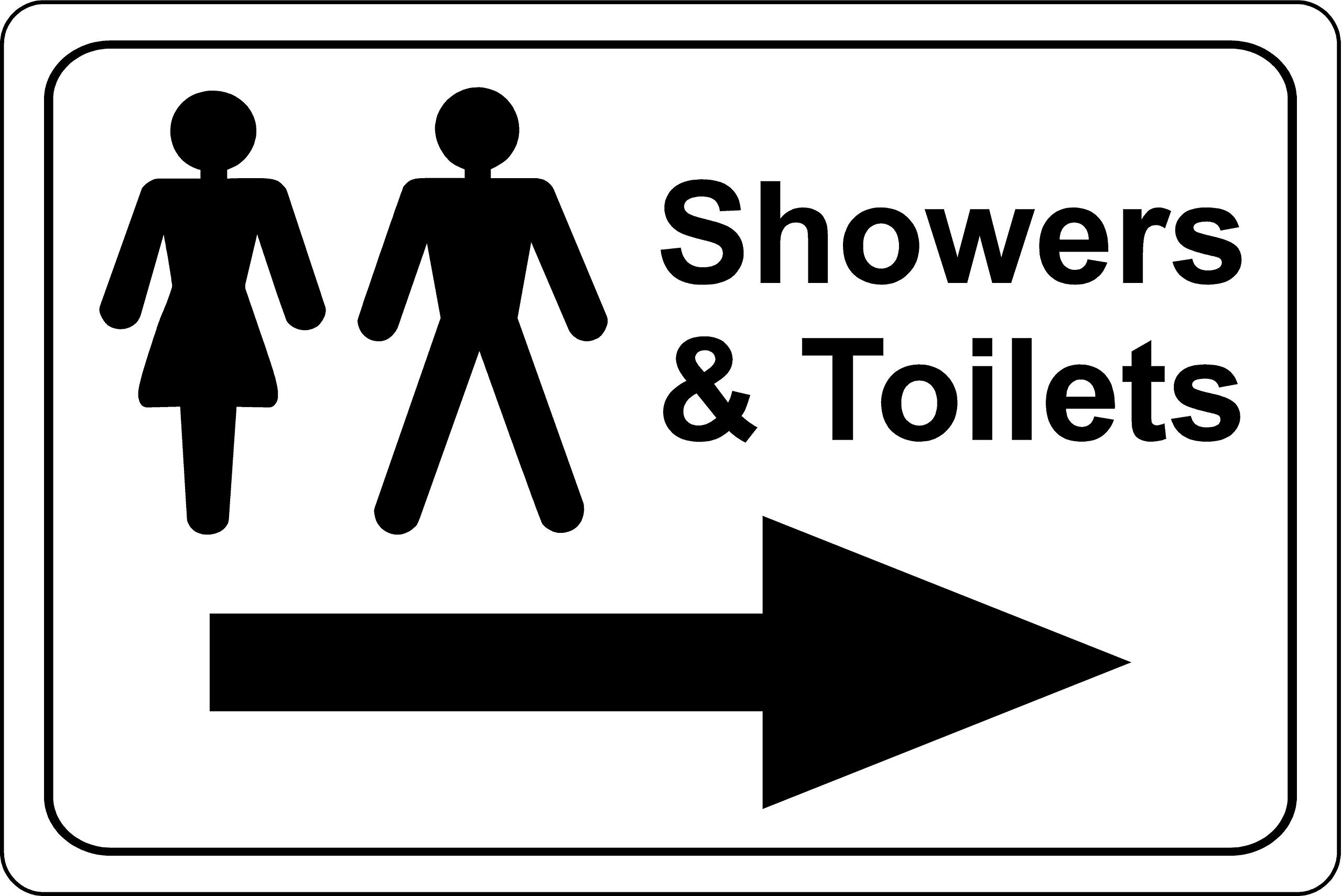 Male and female showers and toilets camp facilities this way right arrow sign - 1.2mm Rigid plastic 400mm x 300mm