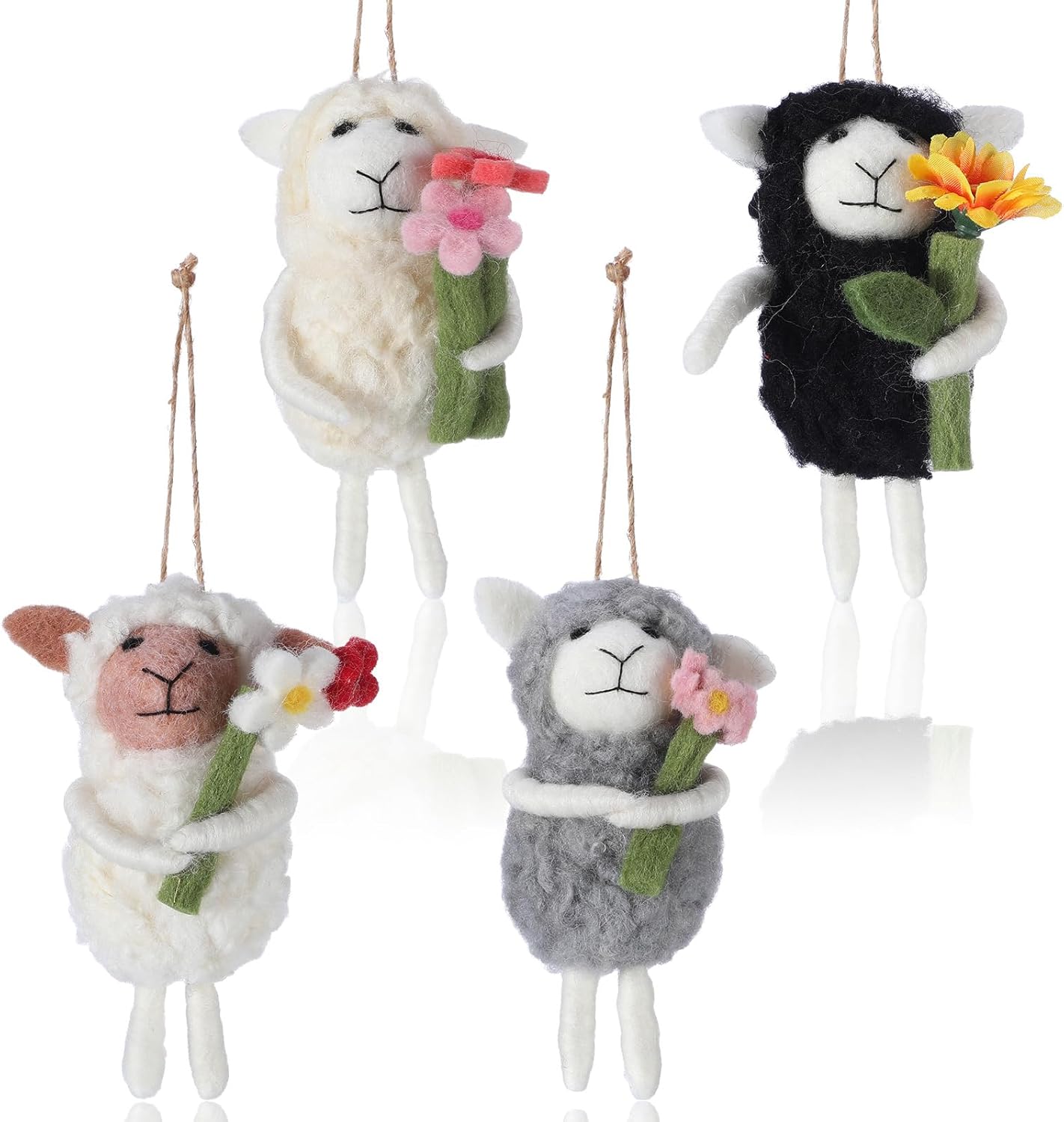 Soulchen 4PCS Easter Felt Sheep Ornaments with Flowers - Handcrafted Mini Fluffy Lamb Charms for Baskets, Spring Home Decor & Gifts