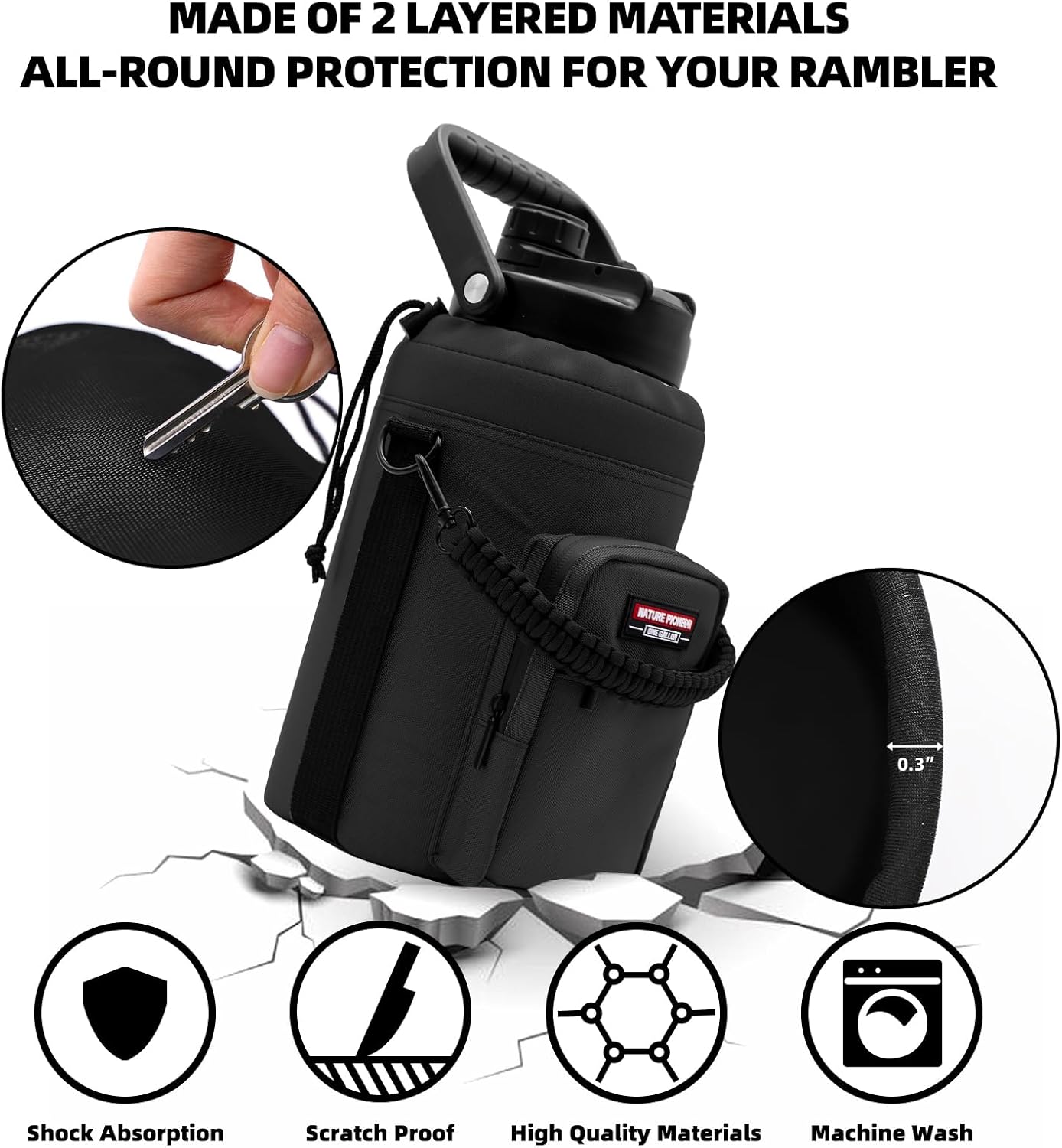 NATURE PIONEOR Water Bottle Holder with Adjustable Strap - Half/One Gallon (64/128oz) Insulated Water Bottle Sling Carrier with Phone Pocket & Paracord Handle, Outdoor Camping, Hiking, Gym - Image 3