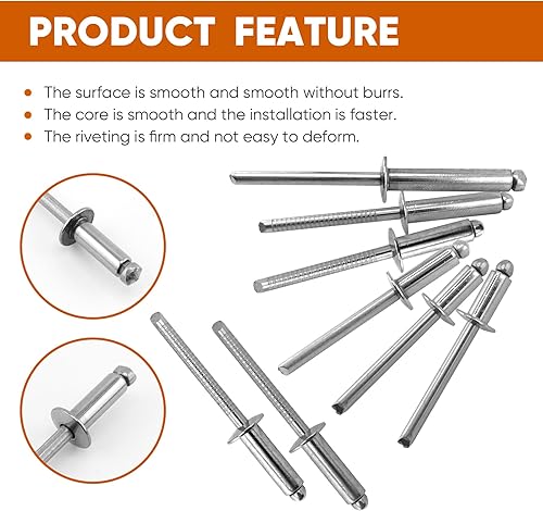 Miniatura 4 de ALLCLEAN 50 piezas de remaches ciegos profesionales de acero inoxidable de 14" x 12", remaches POP de 6,4 x 12 mm, agarre y mandril de acero