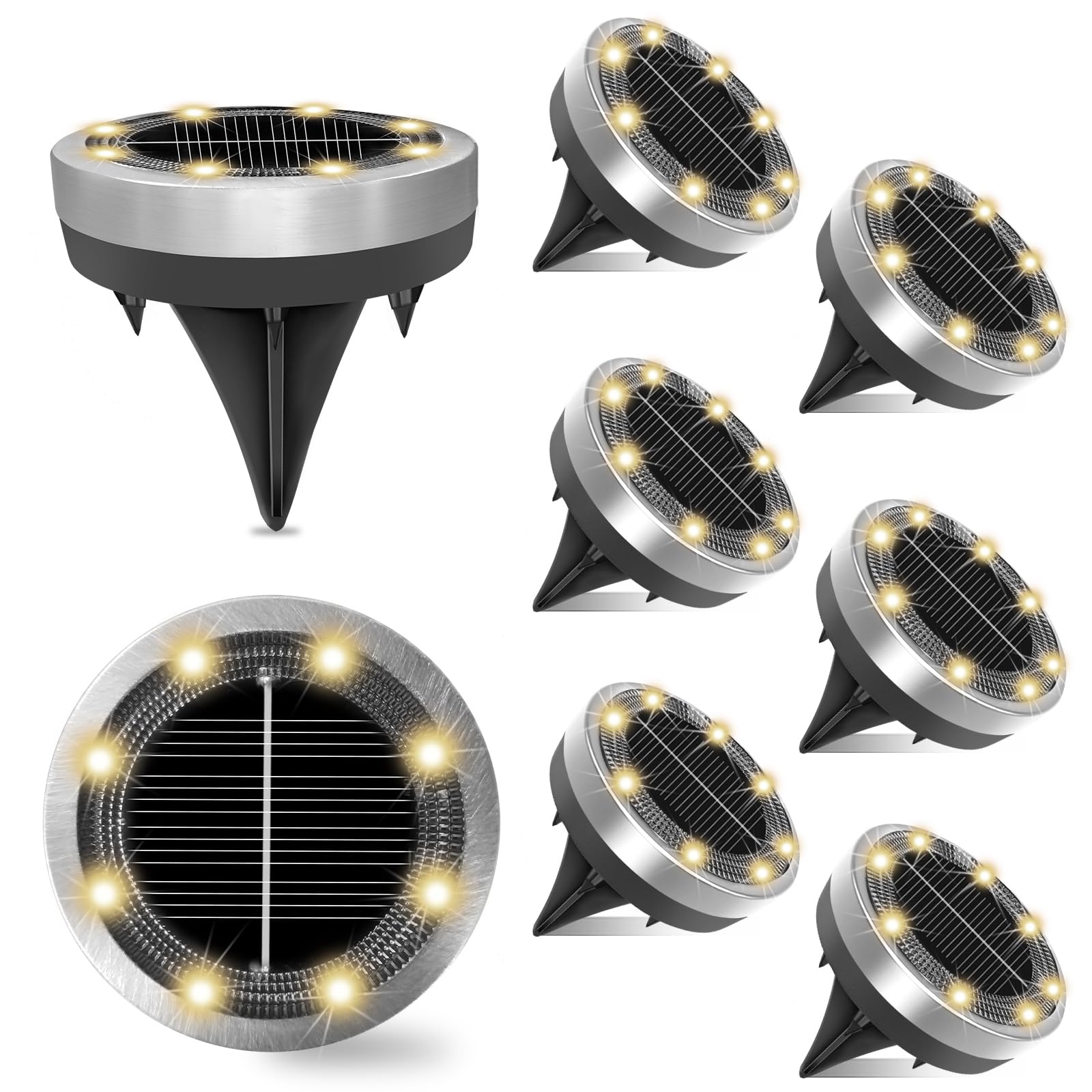 Klein Solar Bodenleuchten Aussen, 8 Stück 8 LED Solarleuchten für Außen, Solarlampen für Außen, Led Solar Gartenleuchten, Warmweiß, IP65 Wasserdicht, Edelstahl, Geeignet für Rasen, Gehweg, Terrasse