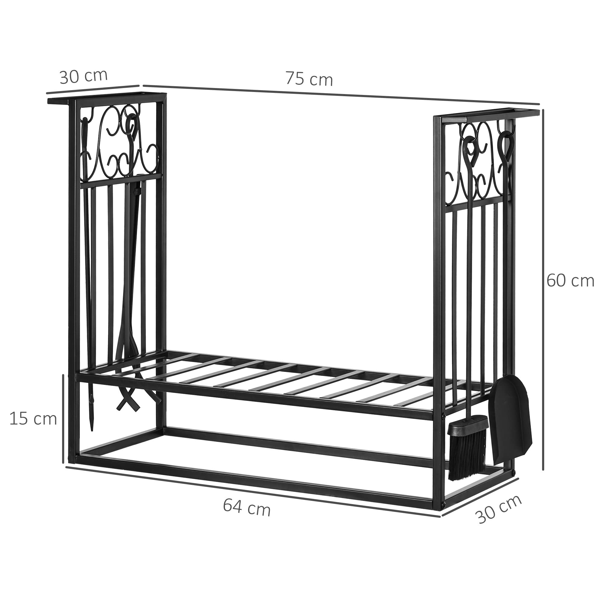 HOMCOM Portalegna Rialzato per Camino in Acciaio Antiruggine, Porta Legna da Interni ed Esterni, 4 Attrezzi Inclusi, 75x30x60cm