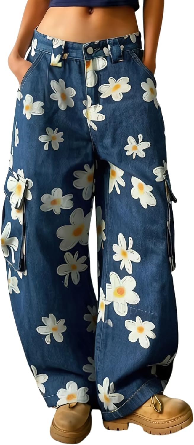 chouyatou Women's Floral Print Mid Rise Barrel Jeans Wide Leg Baggy Y2K Denim Pants Cargo Jeans Boyfriend