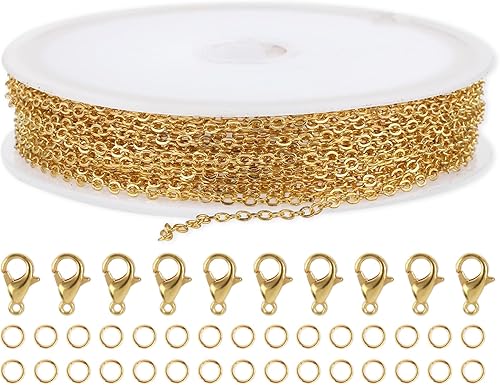 Miniatura 8 de WLLHYF Cadena chapada en oro de 196 pulgadas de acero inoxidable con 10 cierres de langosta, 30 anillos de salto, collar, aretes, pulsera,