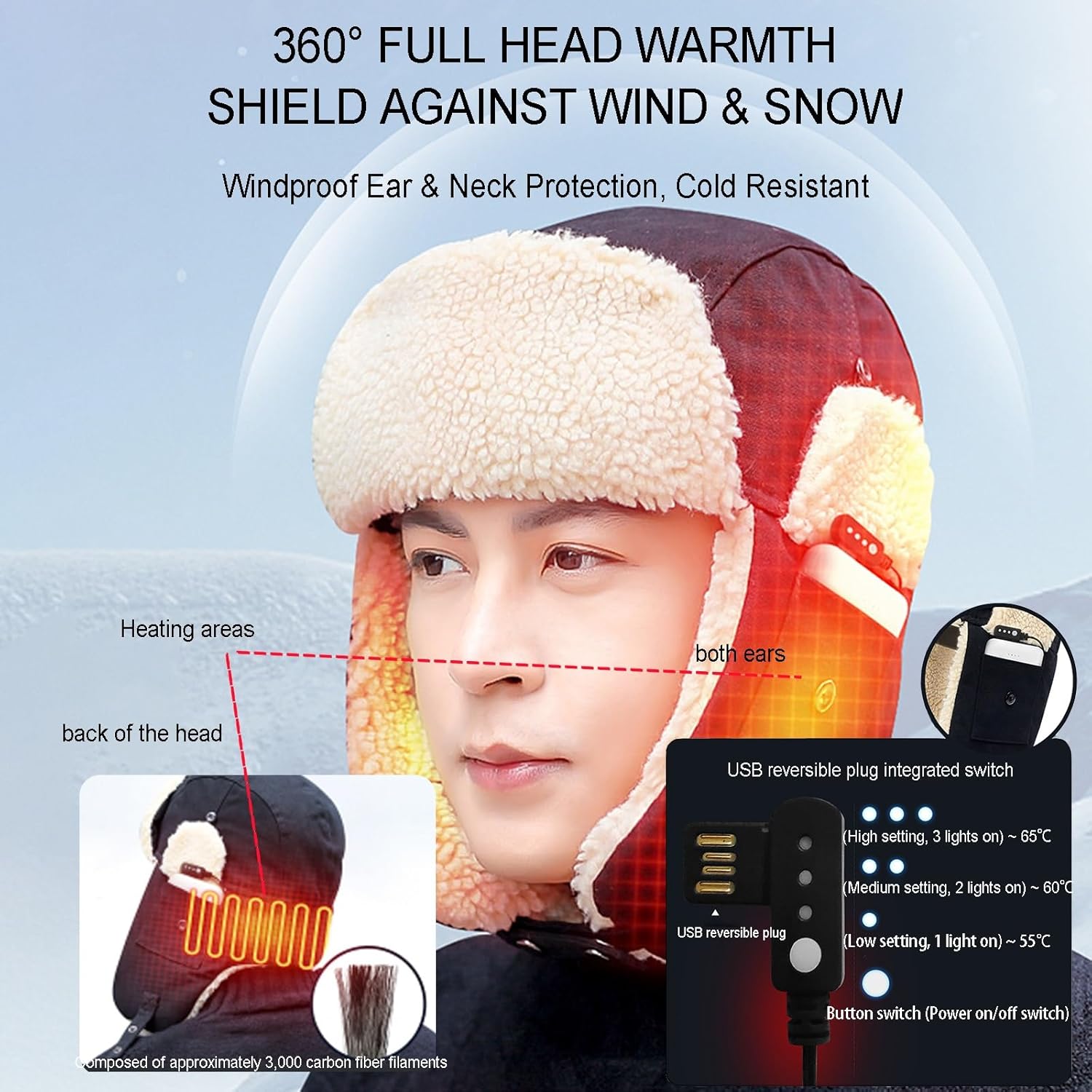 Heated Trapper Hat for Men and Women, Russian Ushanka Winter Hat with 3 Heat Modes, Ear Flaps, for Outdoor
