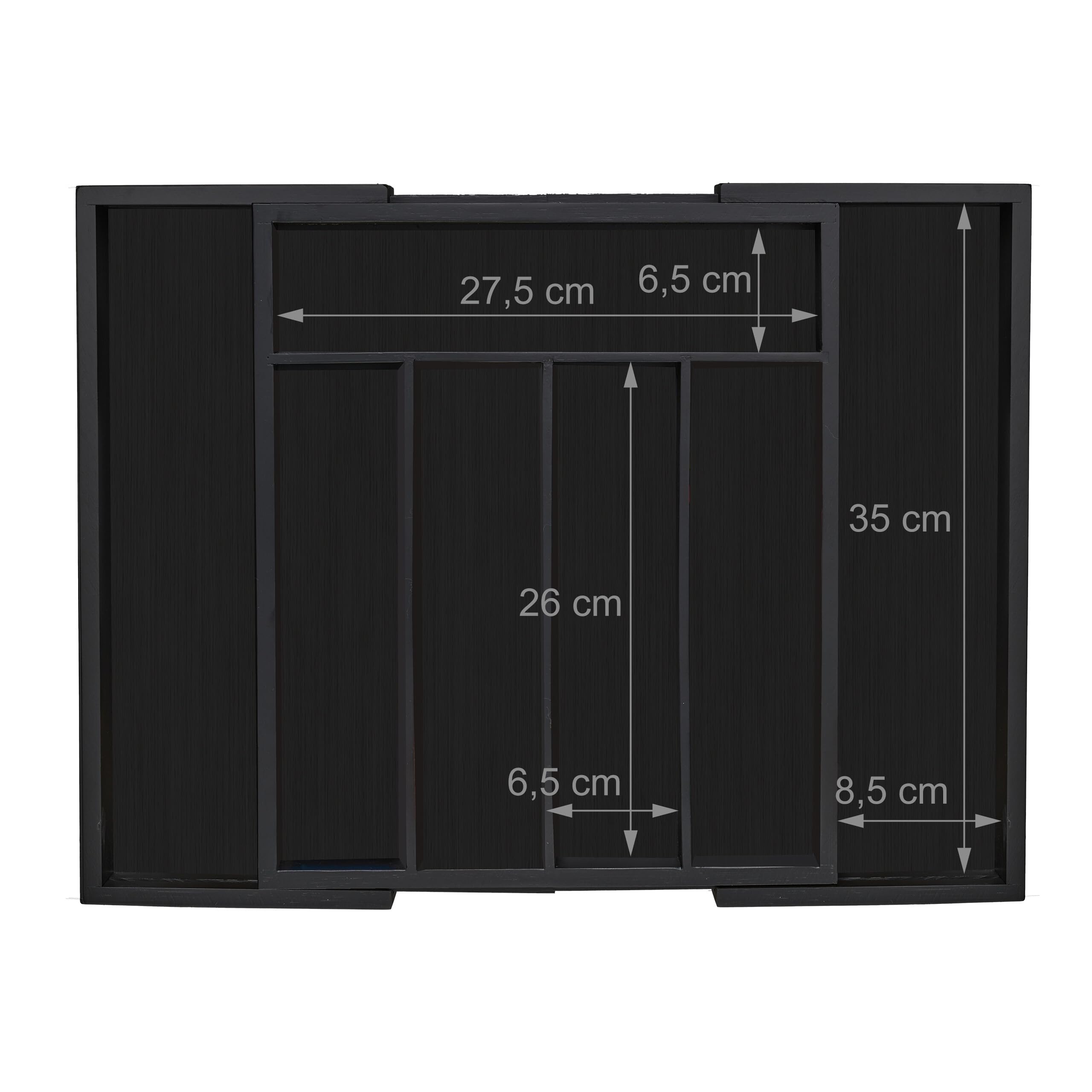 Relaxdays Portaposate da Cassetto in bambù, Regolabile, 7 Scomparti, Utensili da Cucina, 5,5 x 31,5-48,5 x 37 cm, Nero