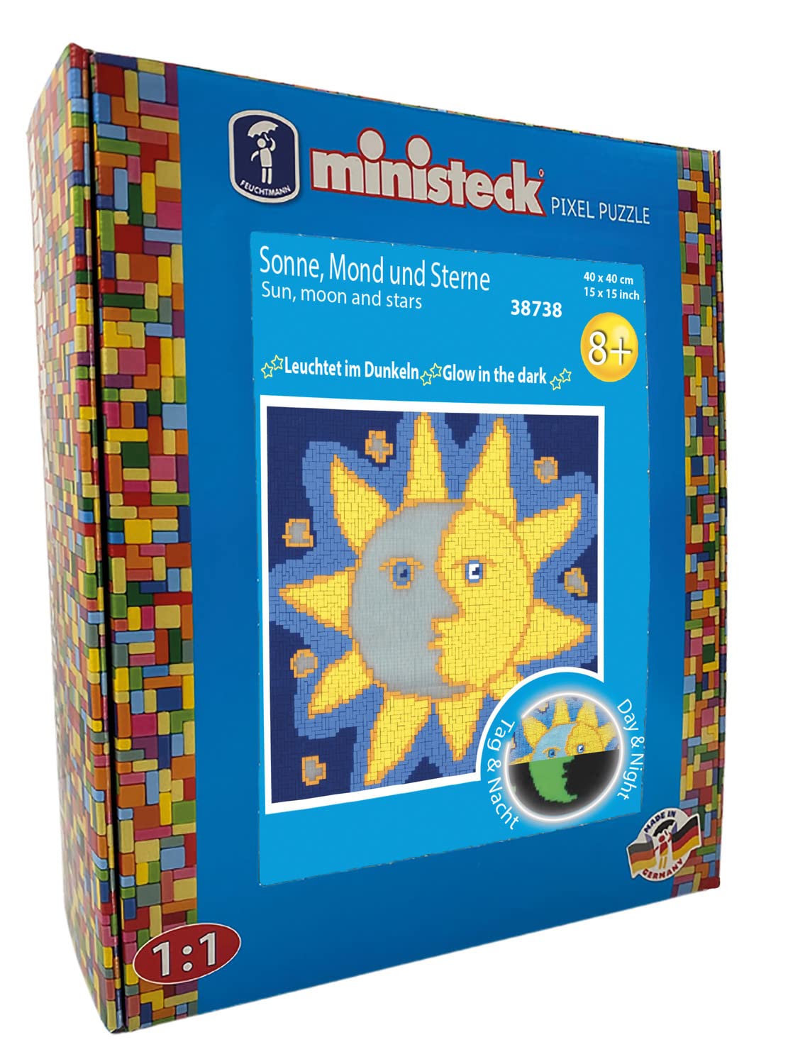 Ministeck 38738 – Mosaikbild Glow in the Dark Sun, Luna & Sterne, aprox. 40 x 40 cm, gran placa con aprox. 3600 piedras de colores, diversión para niños a partir de 8 años