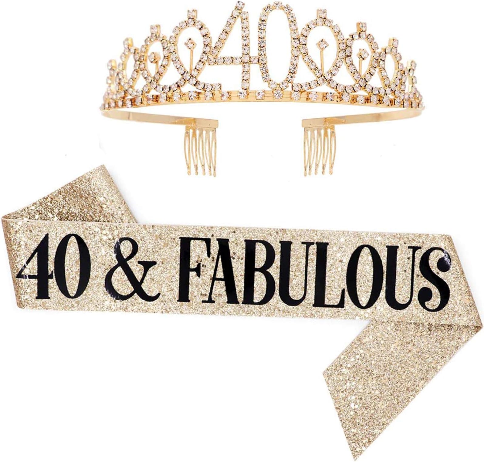 Leixi 40 & Fabulous Sash & Tiara Set - Gold Glitter Sash & Rhinestone Tiara for Women's 40th Birthday Party Supplies