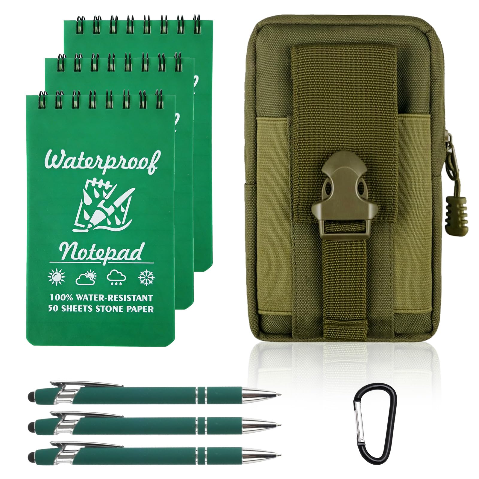 SIMDAO 8PCS Waterproof Notebook Set, 3X5 Inch Small Notebook and Pen, Multi-Functional Waist with Carabiner Hook, Tactical Steno Pads for Outdoor Camping Recording (Green) — image 1