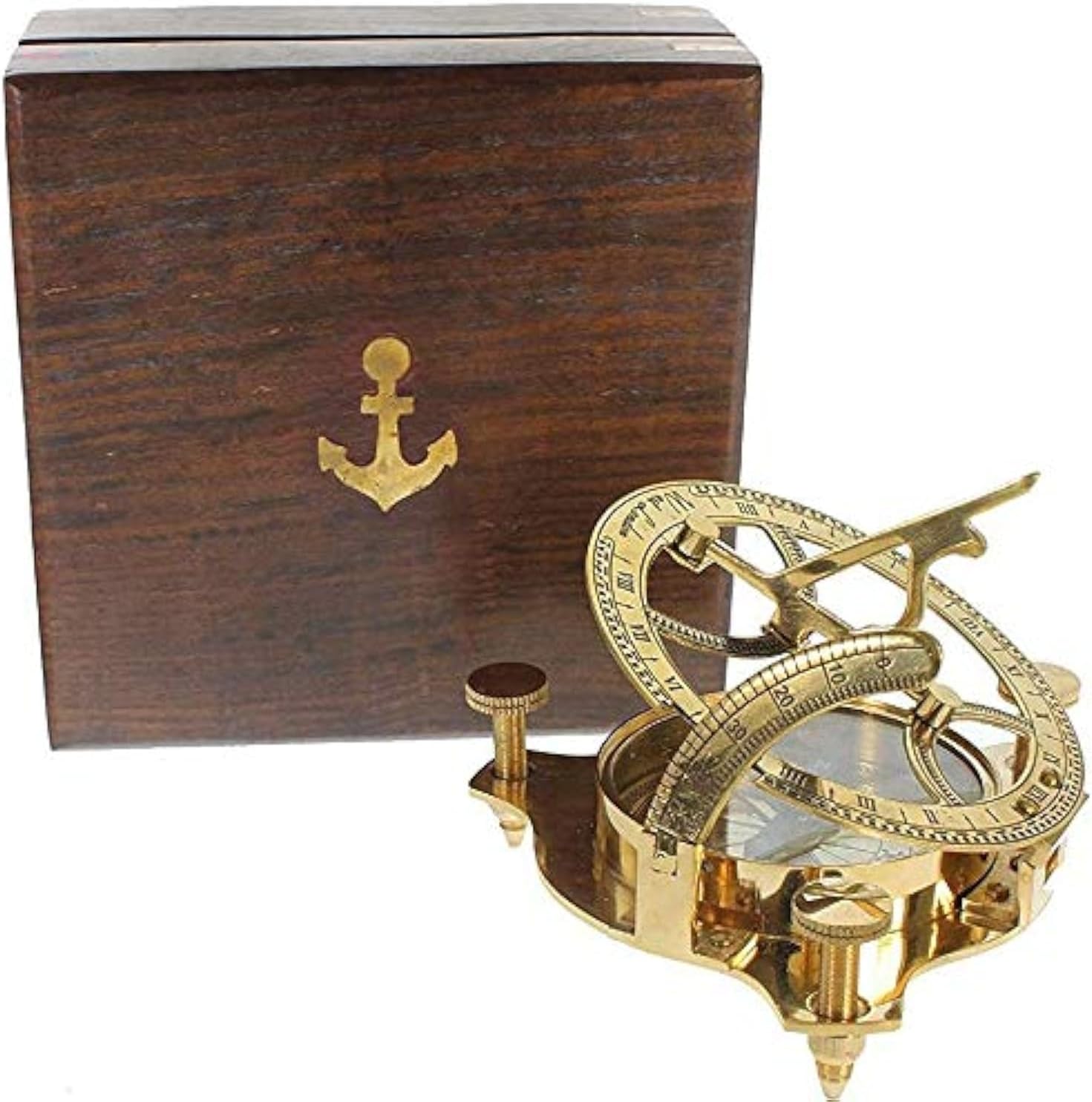 Captain Brass Sundial Compass with Hardwood Wooden Box 4'' Pirate Sundial Compass Decorative Sailor Navigation Compass Antique Collectible Creative Vintage Gift