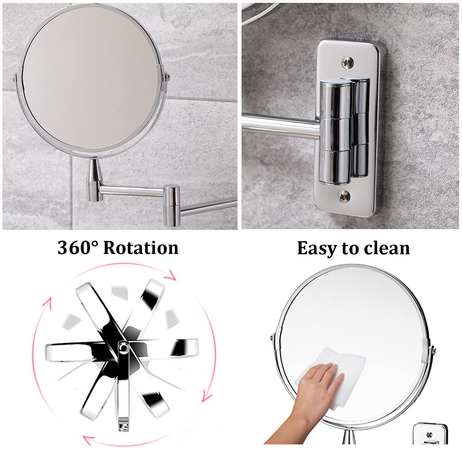 Espejo De Maquillaje Montado En La Pared,Espejo de Tocador de Pared,Espejo Cosmético de Doble Cara Espejo de Aumento,360 Giratorio,Perfecto como Regalo para Mujeres y Niñas,8inch,3X Magnifying
