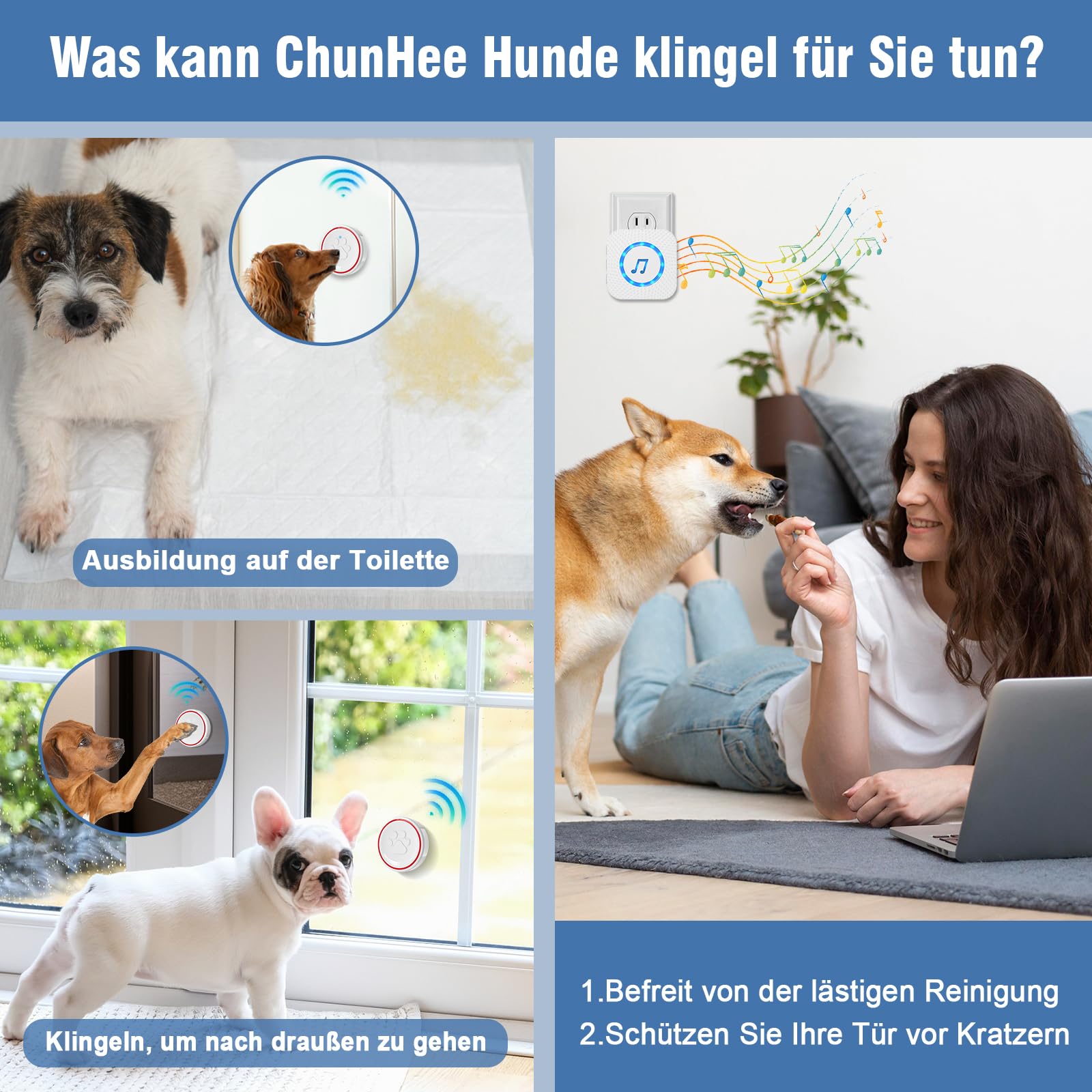 ChunHee Wireless Campanello per Cani Cane/Campanellino Animali Domestici/Funzionamento a 500 Piedi con IP55 Pulsante a Sfioramento Impermeabile 52Melodie 5Livelli di Volume Flash LED