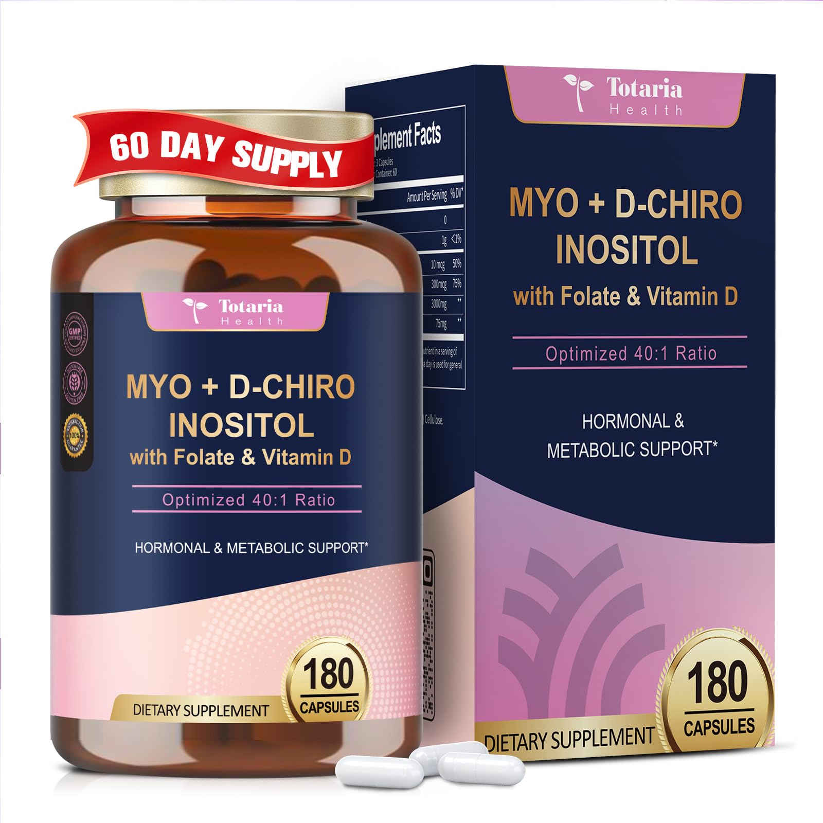 Totaria Inositol Supplement for Women with Vitamin D3, Folate, 40:1 Ratio Myo-Inositol & D-Chiro Inositol Complex, (Vitamin B8) Inositol Capsules, 180 Capsules, 60 Servings, 2 Month Supply