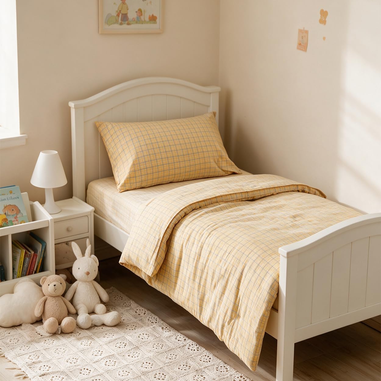 CLOTHKNOW 4Pieces Washed Cotton Yellow Plaid Toddler Bedding Sets for Kids