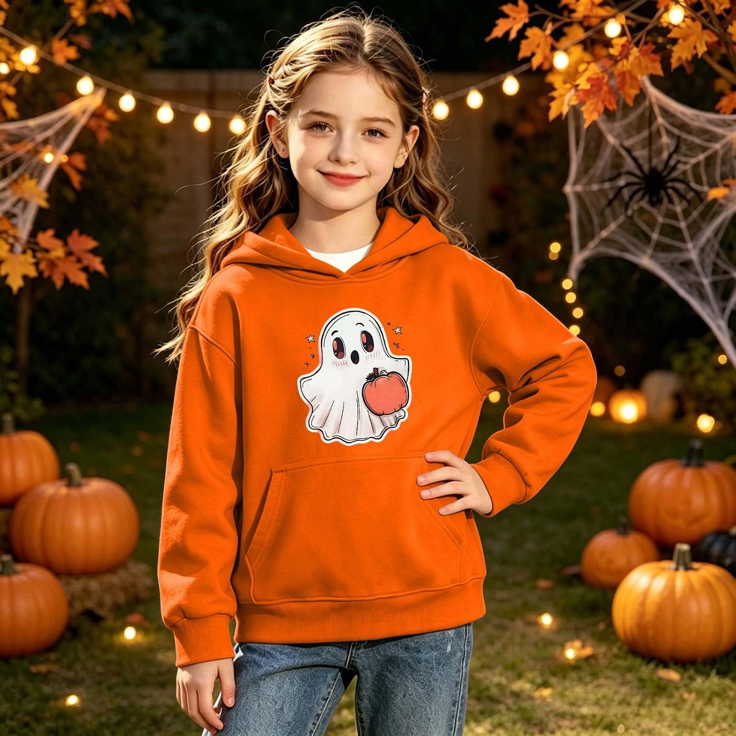 Kids Cute Apple Ghost Halloween Graphic Hoodie Sweatshirt Pullover