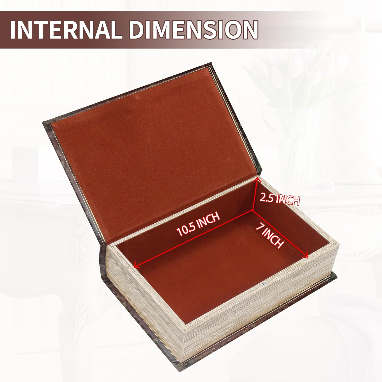 Faux Leather Decorative Book Storage Box with Embossed Lion Crest, Vintage Look Hidden Keepsake Box for Jewelry, Letters & Valuables, Elegant Home Office Shelf Decor (Reddish Brown)