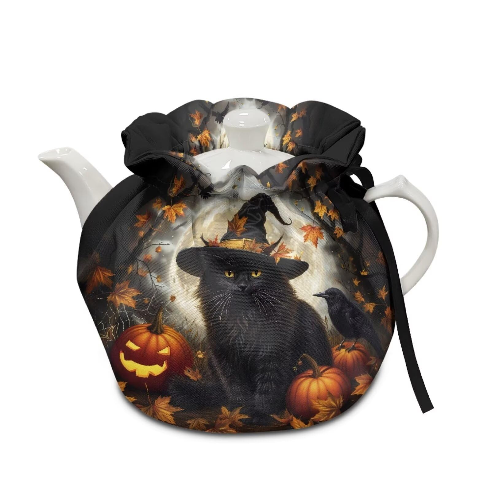 Xoenoiee Black Cat Pumpkin Crow Print Tea Cozy Tea Pot Cover Insulation Tea Cosy Teapot Dust Cover Teapot Warmer for Home Kitchen Teapot Covers Halloween Decor