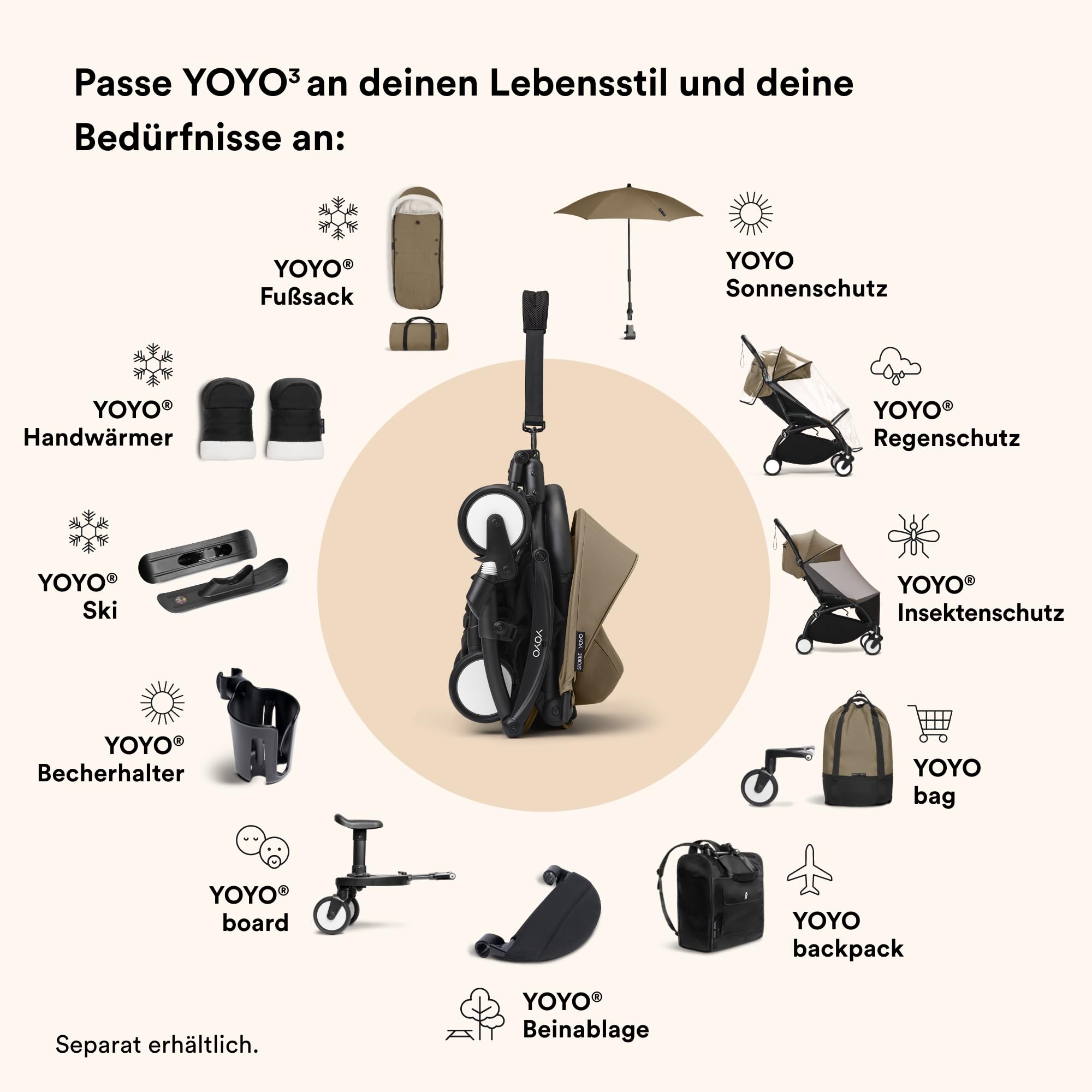 Stokke YOYO3 Kinderwagen mit Liegewanne - Weißer Rahmen, YOYO 6+ Textilset (Toffee) & Liegewanne (Toffee)