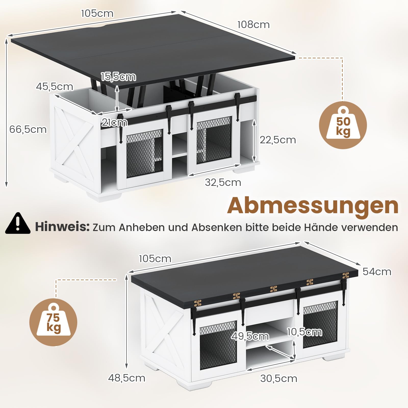 COSTWAY Couchtisch Höhenverstellbar, Wohnzimmertisch mit 2 Schiebetüren