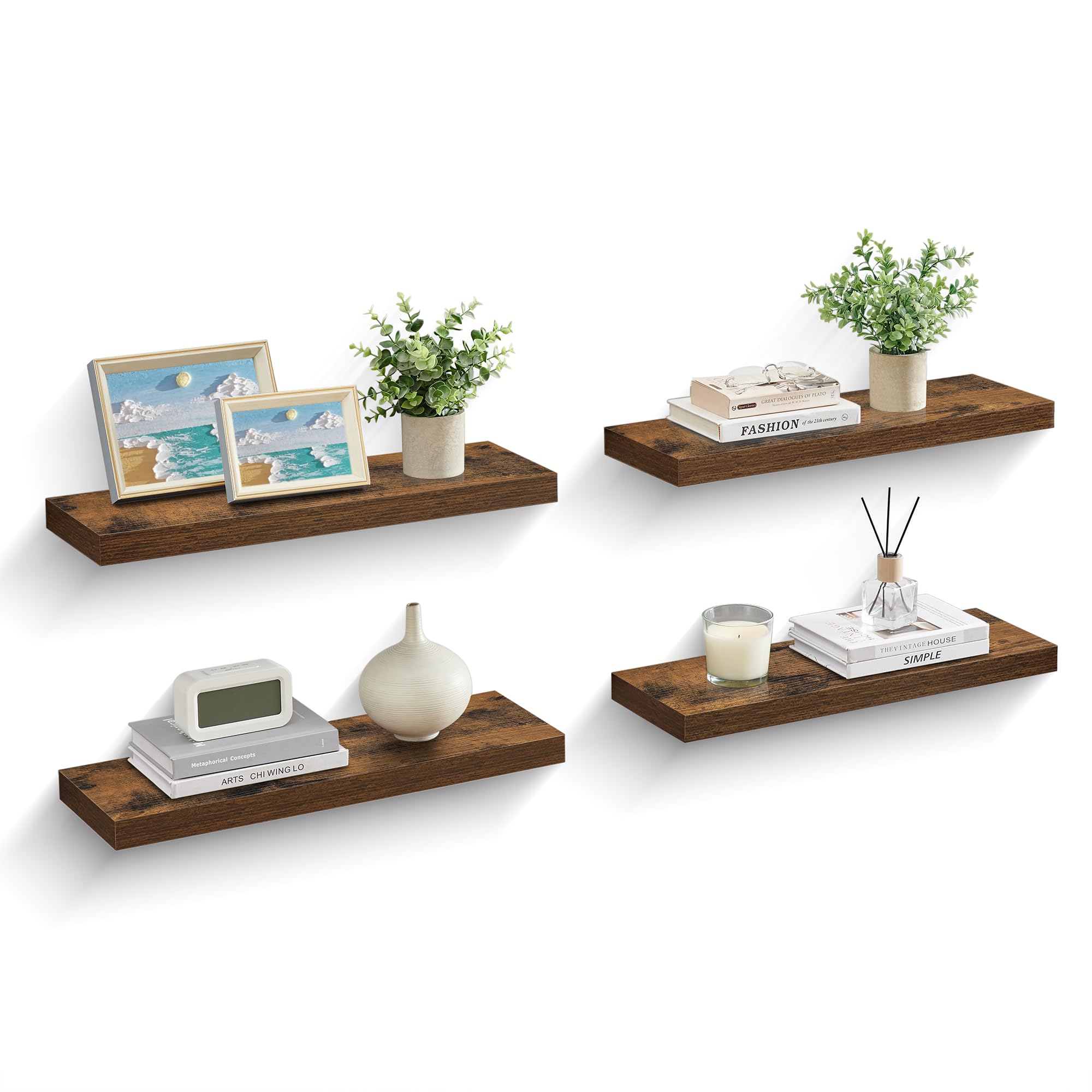 VASAGLE Wall Shelves Set of 4, Floating Shelves, Wall Mounted, 20 x 60 x 3.8 cm, for Picture Frames, Wall Decor, Living Room, Study, Kitchen, Rustic Brown LWS075B01