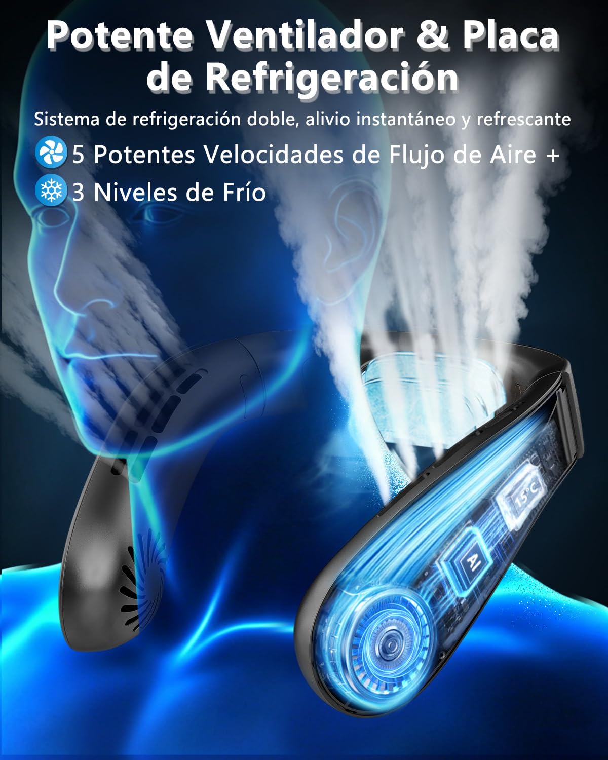 Kouric Ventilador de Cuello con Aire acondicionado Silencioso,5 Velocidades,5500mAh,Pantalla LED para Batería y Velocidad,Hasta 24 Horas,Portatil para Viajes, Oficina, Deportes y Exteriores-Negro