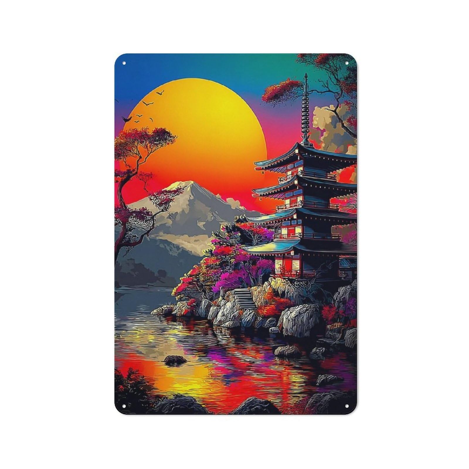 Junmoney Japanese Pagoda Sunset Reflections -1 Industrial Decorative Metal Plaque 30X20cm Featuring Urban Room Decor For Flat, Bar, Studio Or Gallery Wall