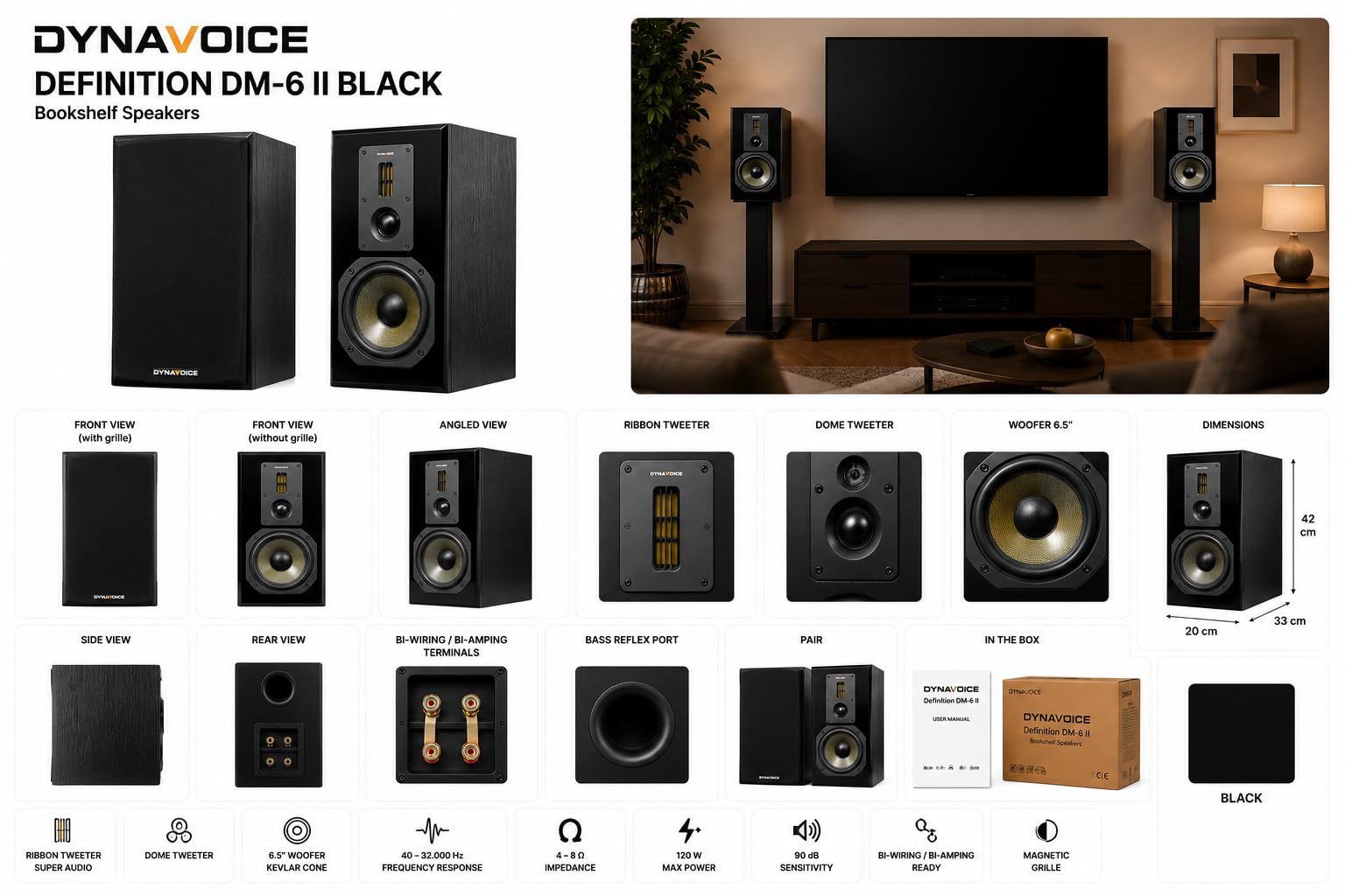 Dynavoice Definition DM-6 II Noir – Enceintes Bibliothèque HiFi Passives 6,5 Pouces Kevlar, 2 Tweeters Ribbon + Soft Dome, Système X-Change, 35-32.000 Hz, 120W, 6 Ohms – Paire.