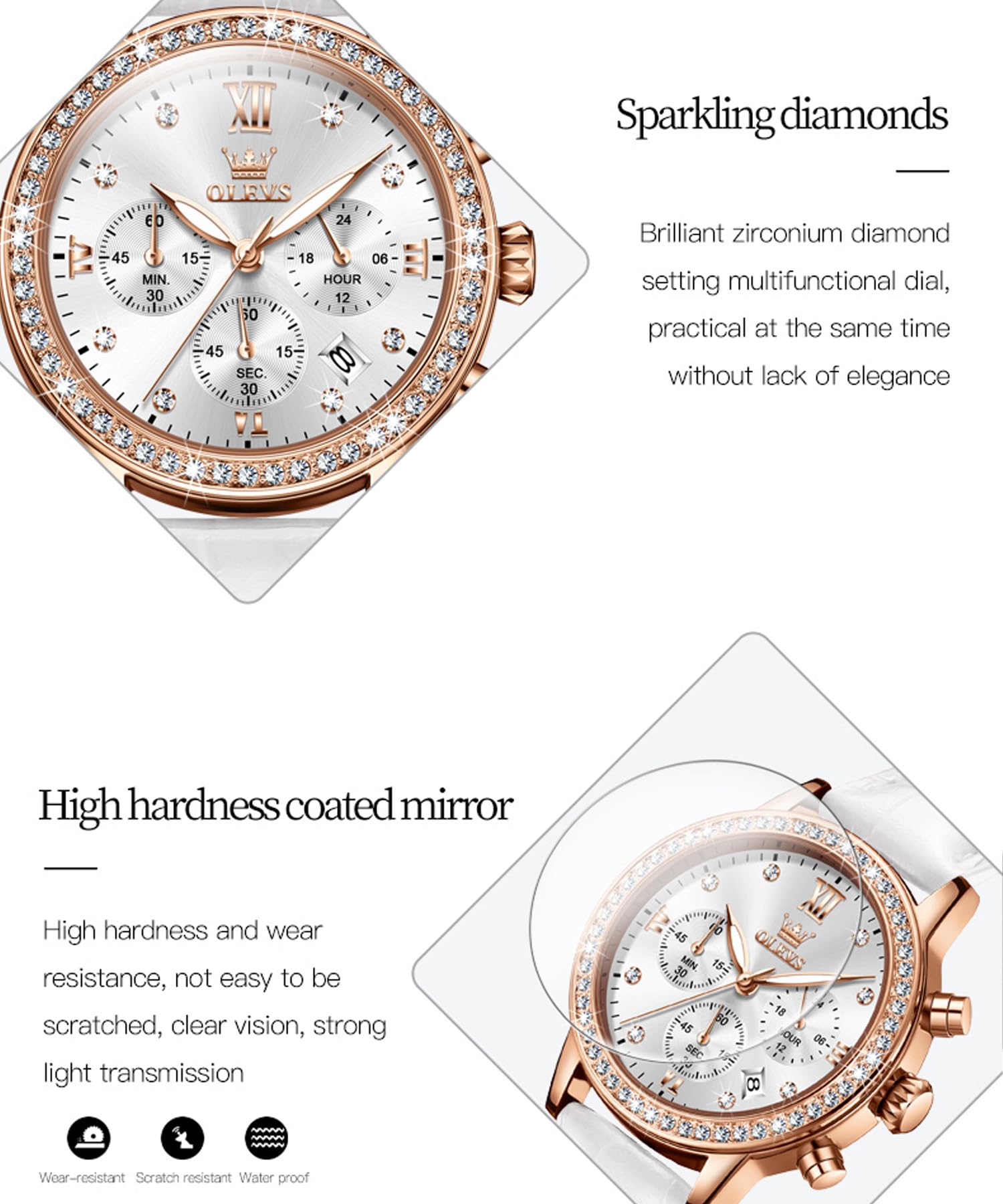 OLEVS Damen-Armbanduhr, multifunktionaler Chronograph mit 4 Hilfszifferblättern, Lederarmband, römische Ziffern, Datum, Leuchtend, wasserdicht, Elegante Armbanduhr