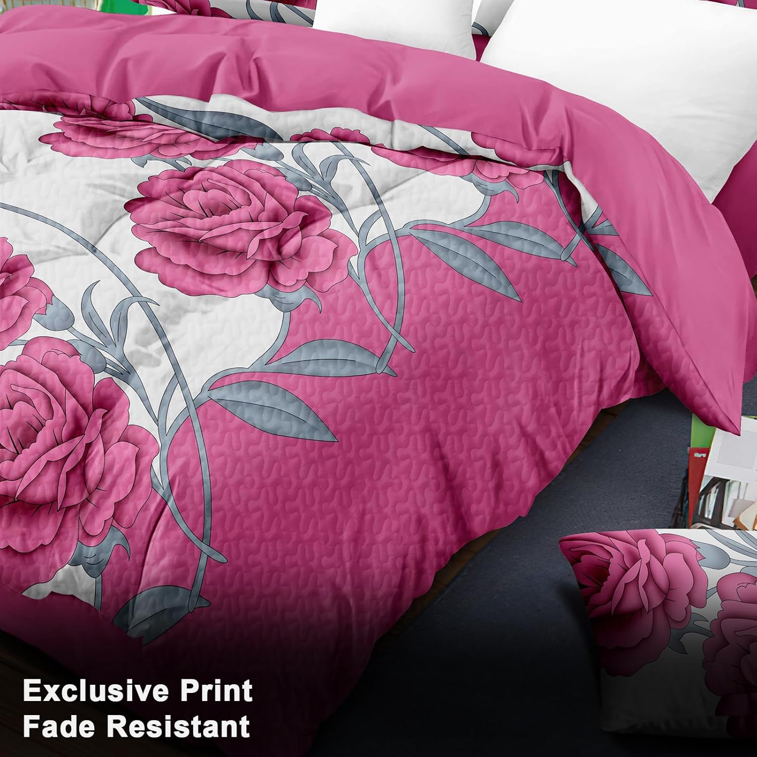 Elegant pink Rose Floral Queen Comforter Set, Luxury 9-Piece Bed in a Bag Queen Bedspread with Matching Curtains, Ultra Soft & Breathable Botanical Bedding, All-Season Decor for Master Suite