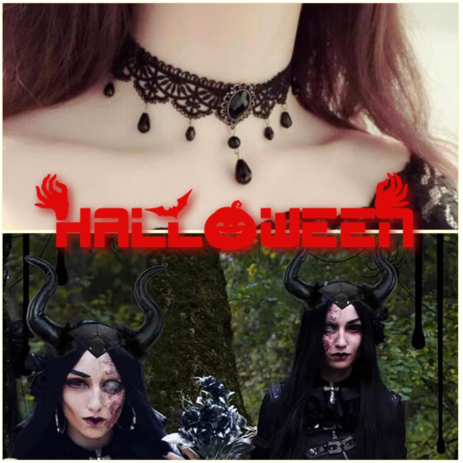 3 Pezzi Corna Diavolo Halloween Fascia Corno Demone Costume Donna Regina Nere Copricapo con Collana Pizzo Corna Diavolo Gotico Antilope per Carnevale Cosplay Halloween