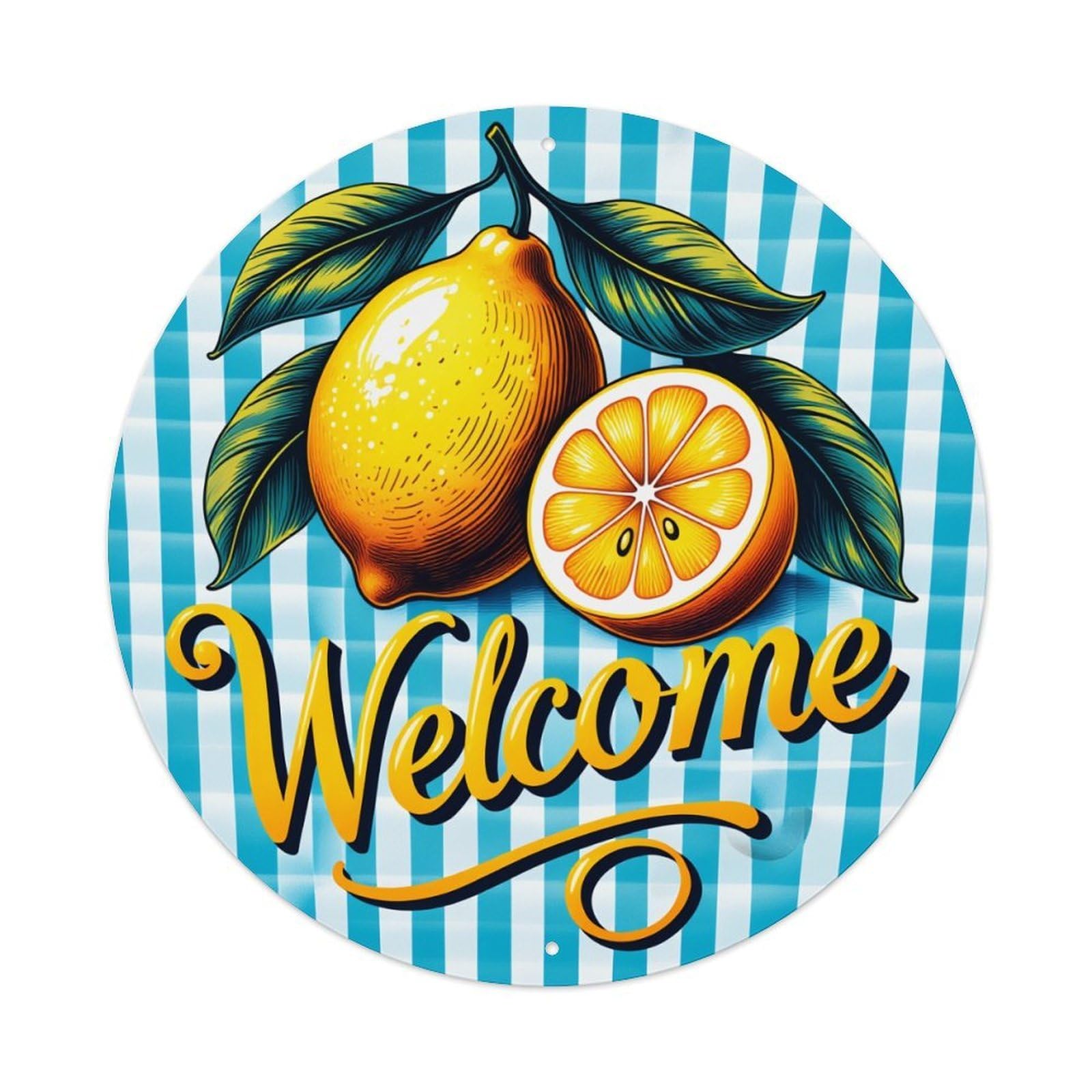 Lemon Welcome Pattern Print Design Vintage Round Tin Sign Retro Metal Wall Decor Metal Poster, Home Bar Garage Cafe Wall Art Decoration 8x8Inches