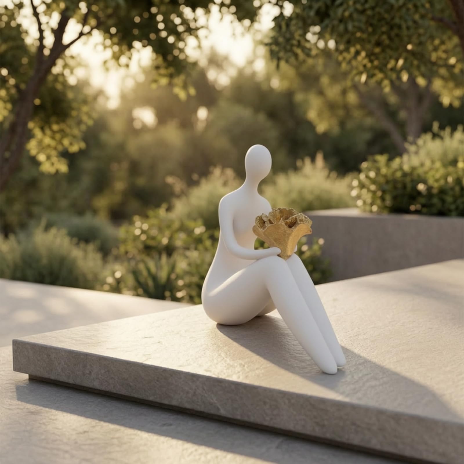 LOVIVER Escultura Figura Estatua Decorativa Adorno Moderno Figura Sentada en Resina con Detalle Dorado Acabado Huevo Adecuada para Sala de Estar Recibidor