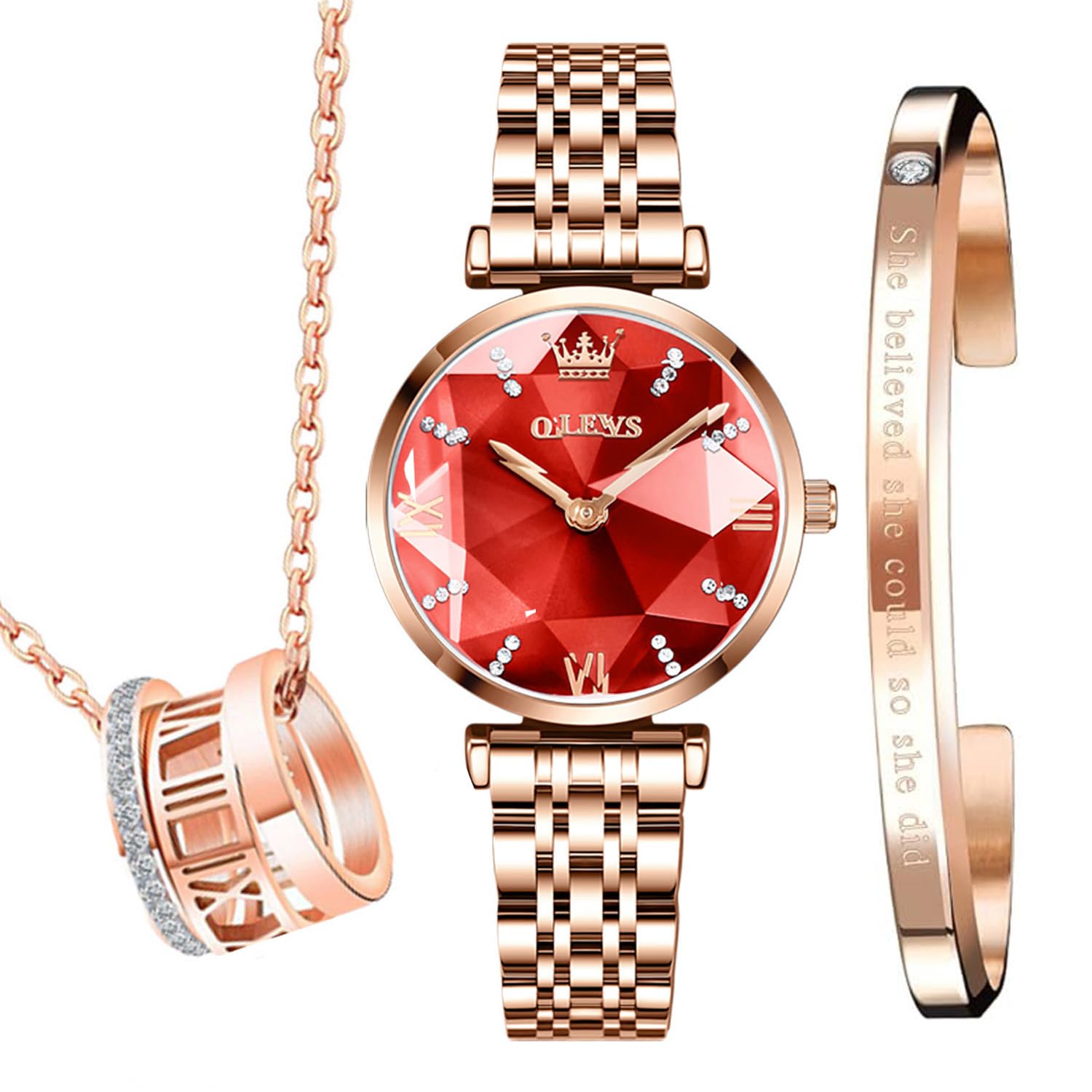 OLEVS Uhren Das neue fließende Sanduhr-Zifferblatt Set Geschenke für Damen, Uhr Halsketten Set Armbänder 3-teilig für