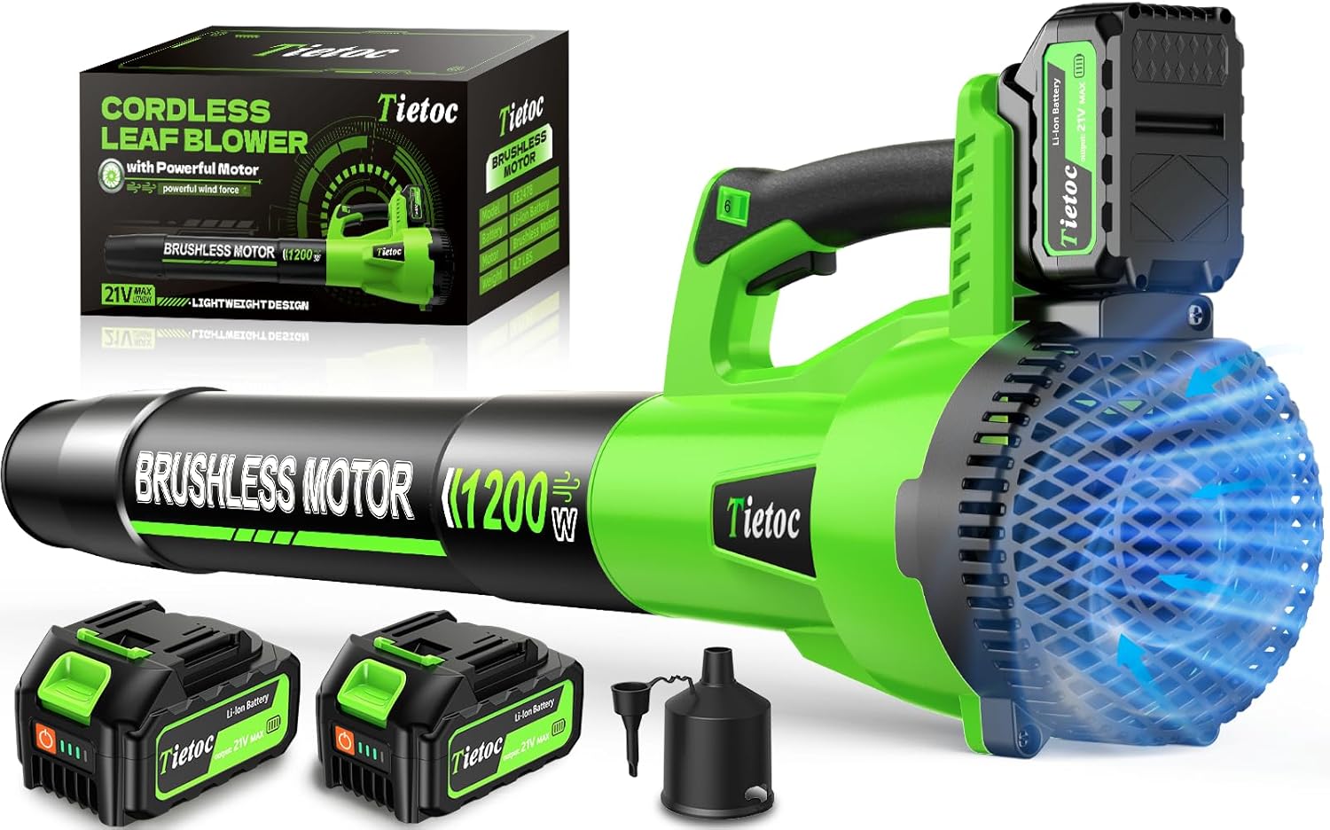 Leaf Blower Cordless, 1200W Brushless Electric Leaf Blower with 2 X 5.0Ah Battery, 6 Speed Levels, 2 Extended Tube and Nozzles, Powerful Leaf Blowers for Garden, Patio, Lawn Care (Green)