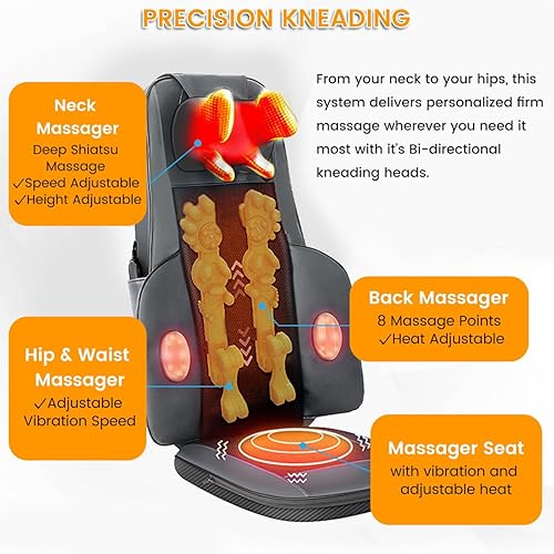 Miniatura 4 de Patinco Almohadilla de silla masajeadora de cuerpo completo con calor, masajeador Shiatsu de cuello y espalda con nodos de amasamiento profundo,