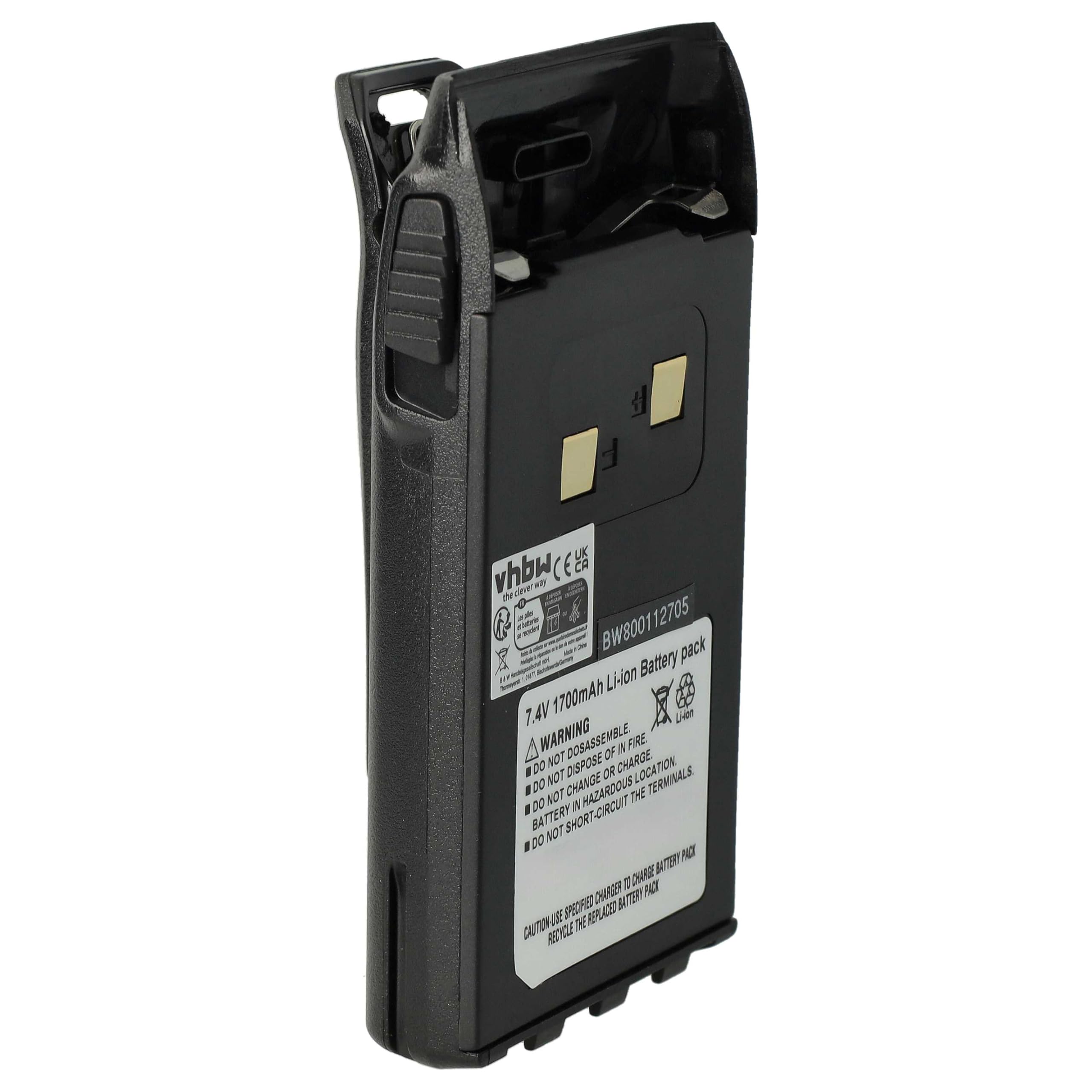 vhbw 1x batería Compatible con Wouxun KG-UVD1P, KG-UV6D, KG-UVD1 Radio (1700 mAh, 7,4 V, Li-Ion) + Pinza