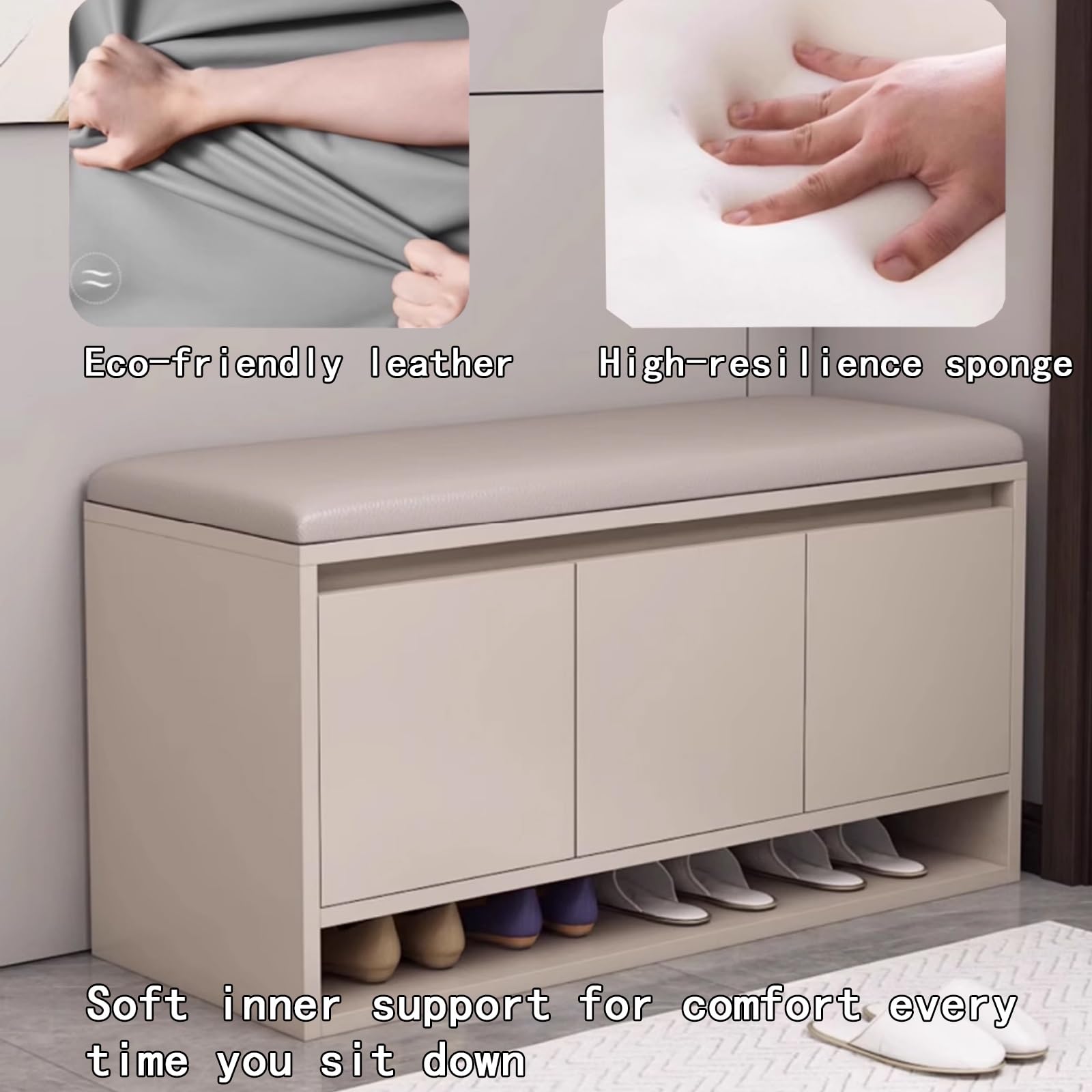 Regulowana wysokość ławka na buty z grubymi poduszkami piankowymi, ekologiczna skóra, solidne przechowywanie przy wejściu, 80 x 35 x 46 cm, stylowy organizer na buty z półkami (kawa mleczna)