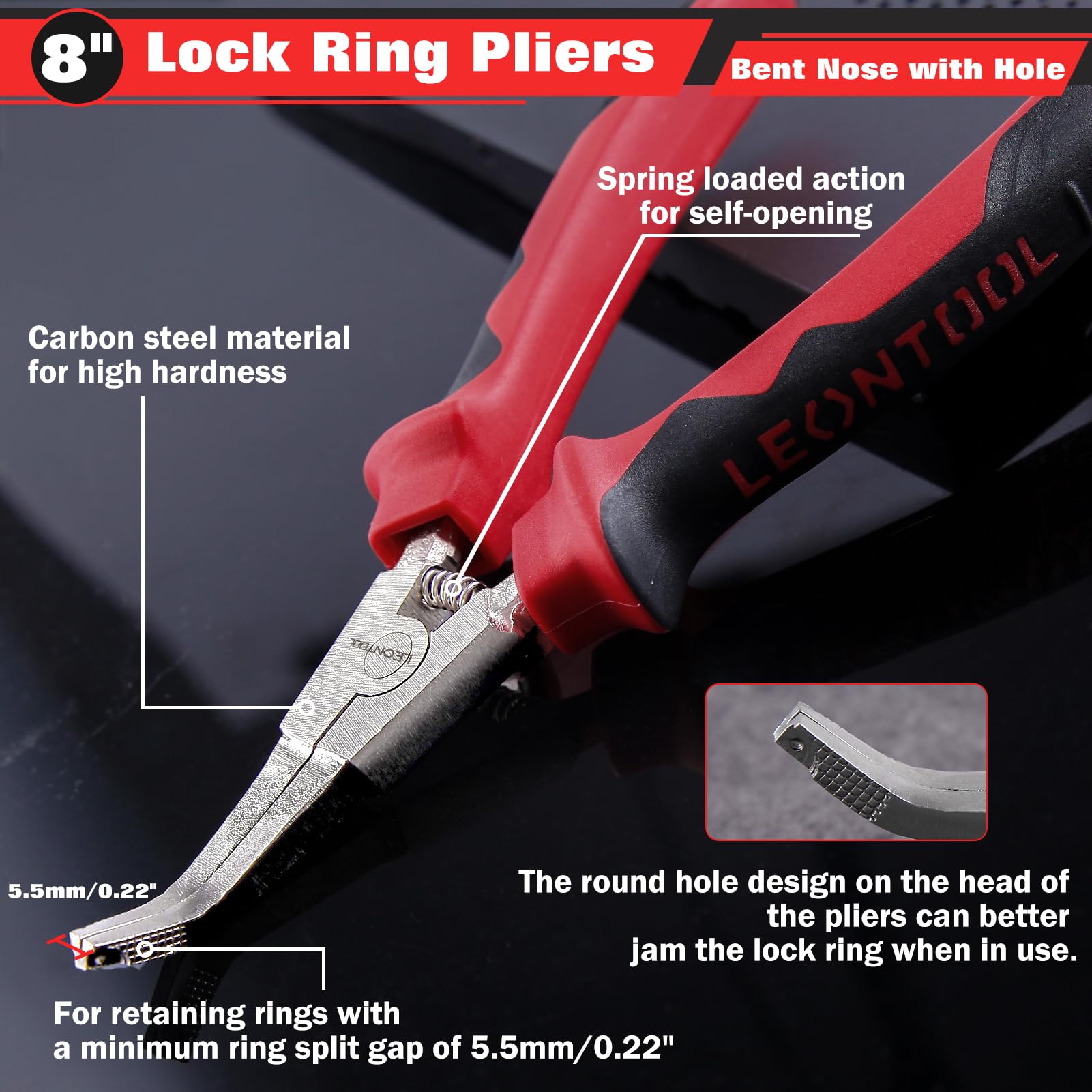 LEONTOOL 8 Inches Lock Ring Pliers Flat Snap Ring Pliers Bent Nose Reverse Pliers with Hole Special Circlip Pliers Retaining Ring Pliers C-Clip Pliers Spreader Pliers for Transmission Transfer Cases - Image 3