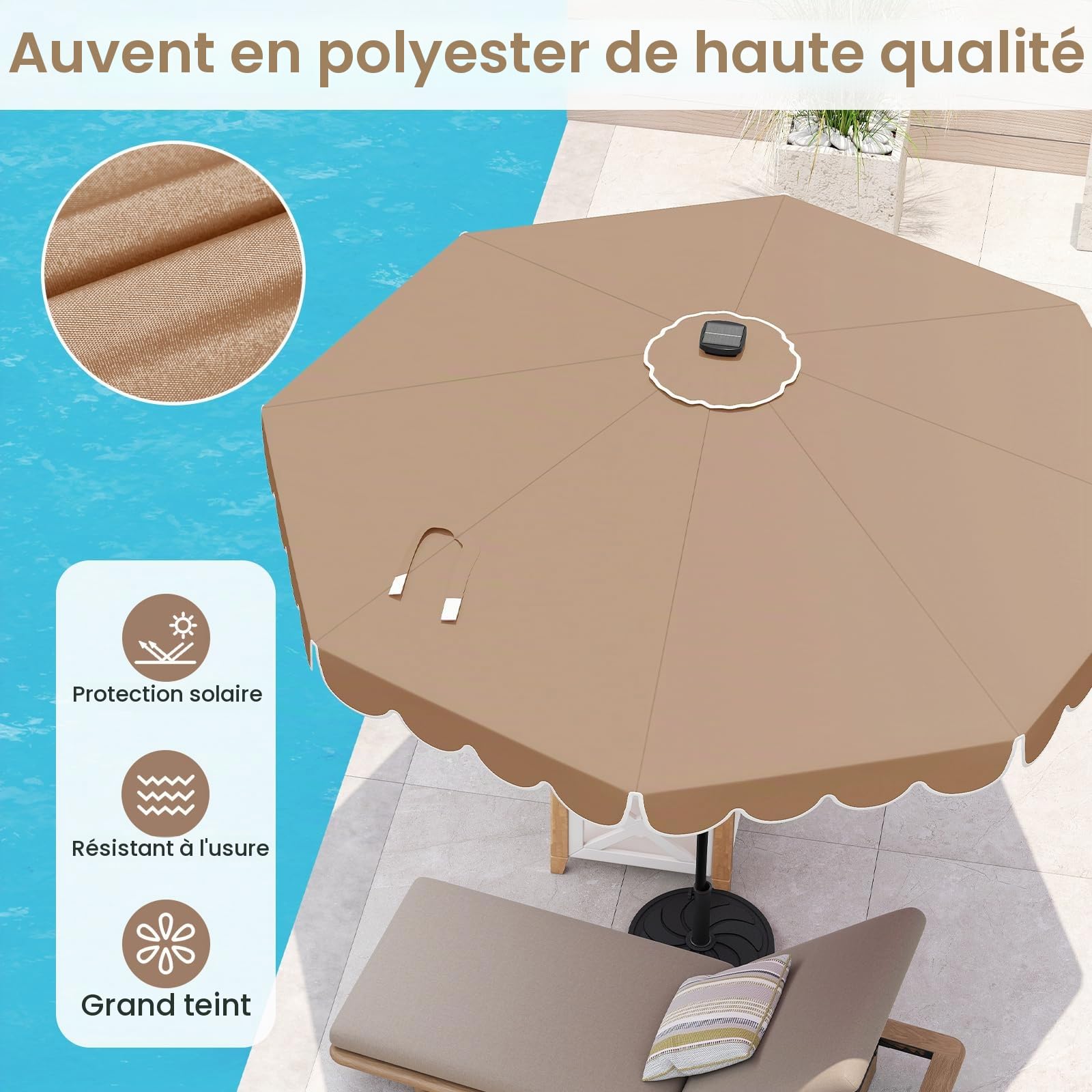 KOMFOTTEU Parasol de Jardin φ3 x 2.53 m avec 24 Lumières LED et Manivelle, Parasol de Balcon pliable, Parasols de Cour Angle inclinable jusqu'à 35°, pour Terrasse, Piscine, Patio