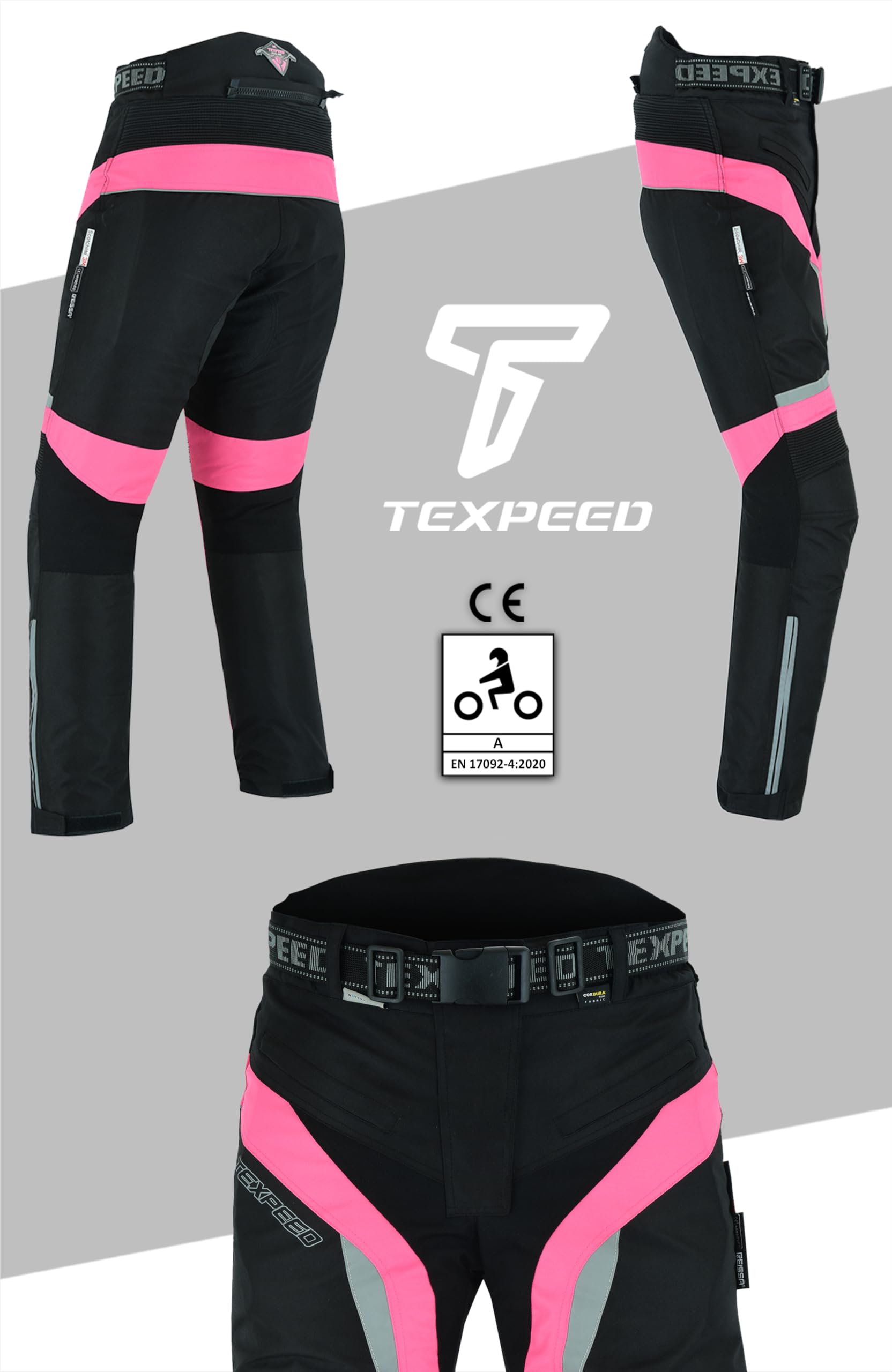 Texpeed Pantaloni da moto donna con protezioni - Tessuto impermeabile per scooter per Estate/Inverno - Armatura certificata CE (EN 1621-1) protettivi Rosa - M Girovita/Gamba Regolare