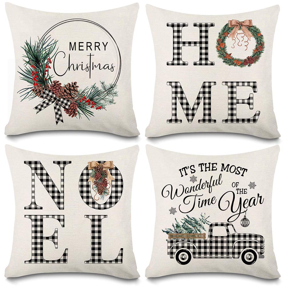Kithomer Set of 4 Christmas Decorations Pillow Covers Christmas Buffalo Plaid Farmhouse Decor Throw Pillow Cases Retro Truck Cushion Cover 18 x 18 Inch Holiday Decoration
