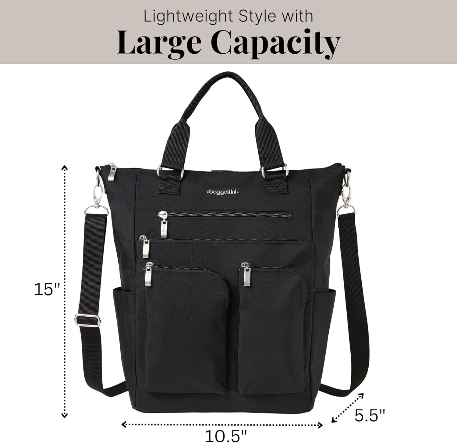 Baggallini All Set 3 in 1 Tote Backpack - 15"x10.5" Lightweight Travel Bag w/RFID Phone Wristlet