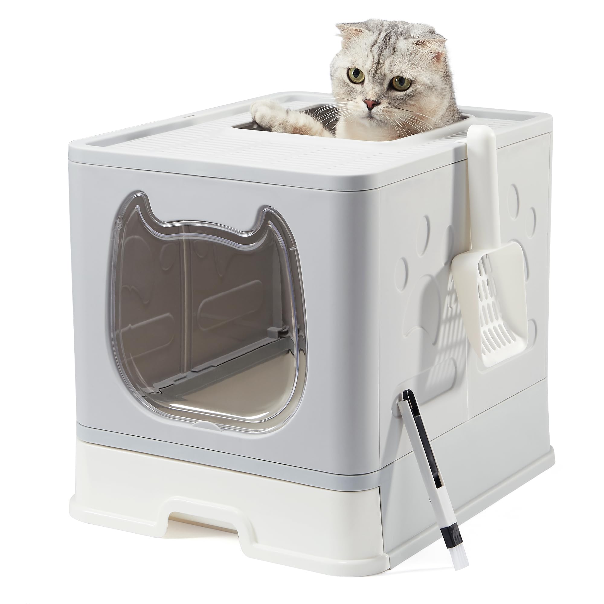 Vealind Covered Litter Box with Lid, Low Entry Kitten Small Litter Box Enclosure with Scooper and Brush, Anti-Splashing Top Entry Litter Box Grey