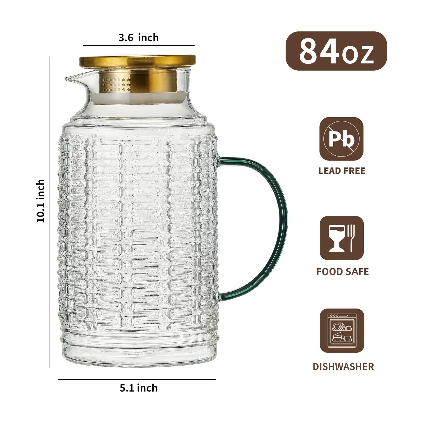 Buaic Glaskrug mit Deckel, 2,5 l, Vintage-Wasserkrug, klares Borosilikatglas, Wasserkaraffe für kaltgebrühte Getränke, Kaffee, Limonade, Eistee, Getränke, hitzebeständiger Wasserglas-Krug