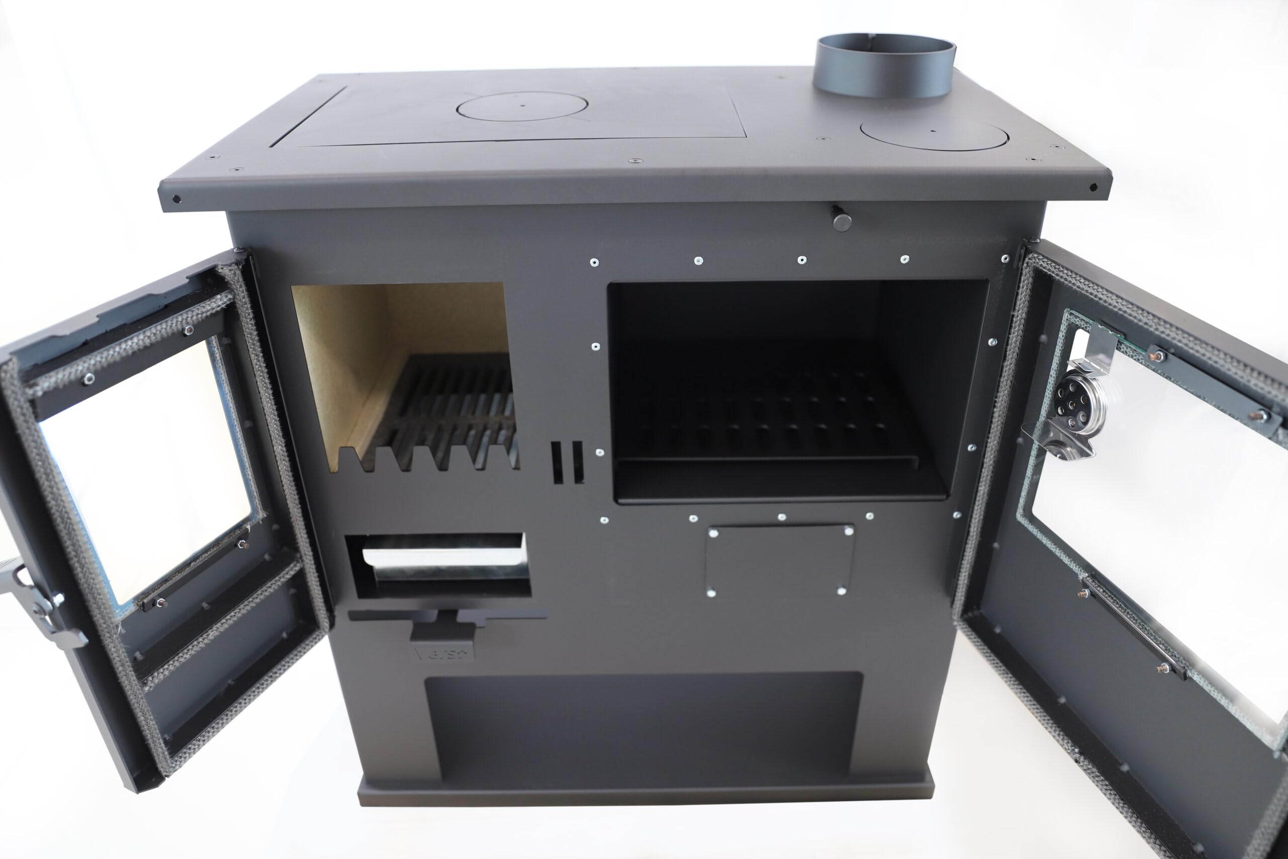 Verso CS Lite Estufa de leña con horno y termómetro, placa de cocción de 7,7 kW de potencia calorífica, estufa multifuncional para cocinar y calentar, estufa de leña eficiente