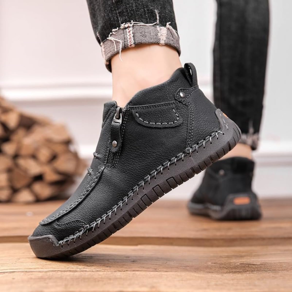 Men’s Slip-On Orthopedic Leather Boots,Men’s Handmade Premium Leather Slip-On Driving Boots,Men Side Zipper Orthopedic Shoes for Driving Hiking